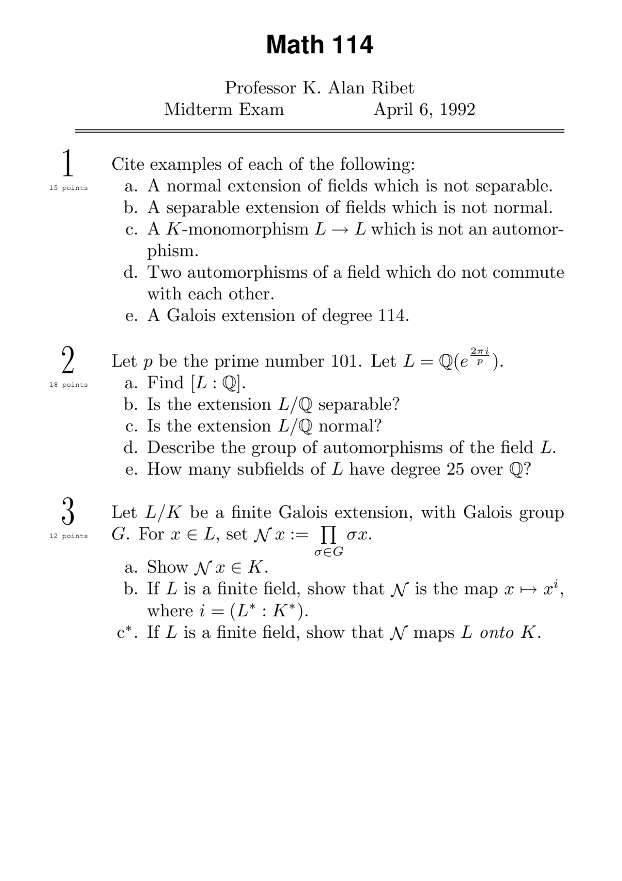 Questions For Midterm Exam Second Course In Abstract Algebra Math 114 Docsity