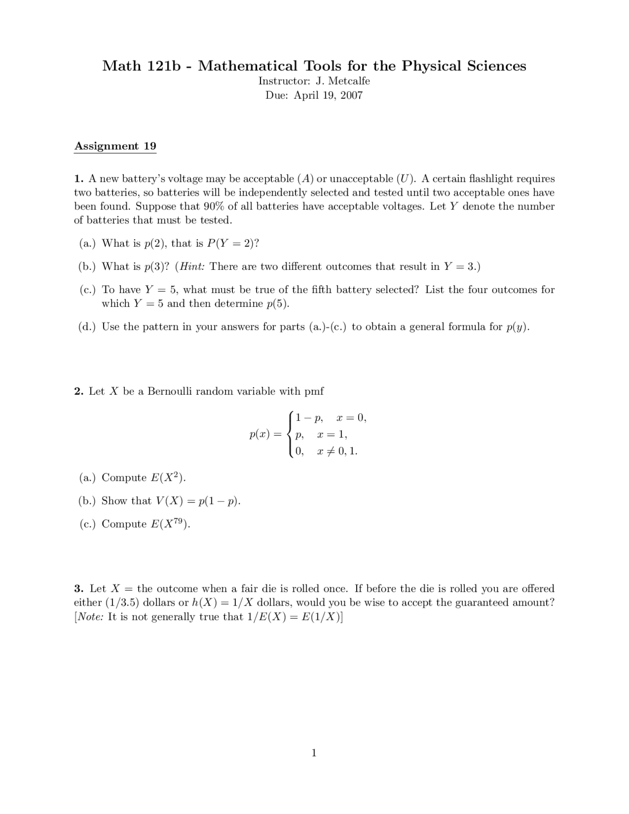 Mathematics Tools For The Physical Science Homework 19 Math 121b Docsity