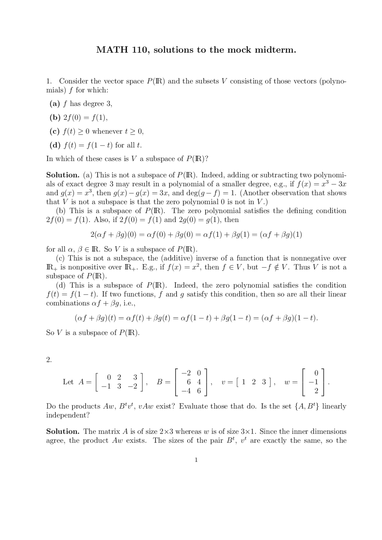 Solutions to Mock Midterm - Linear Algebra | MATH 110 - Docsity