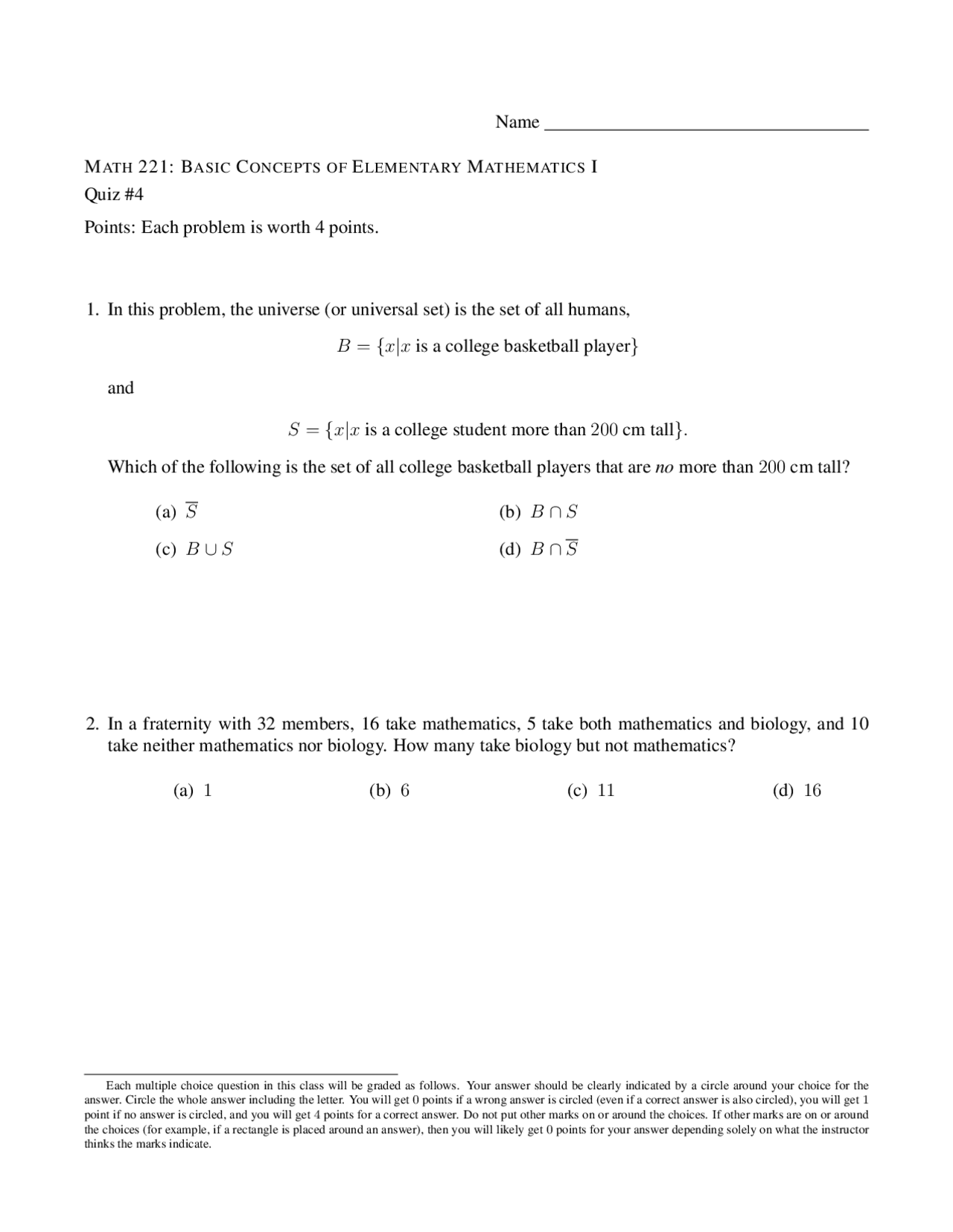 Questions on Basic Concepts of Elementary Mathematics I for Quiz 4 ...