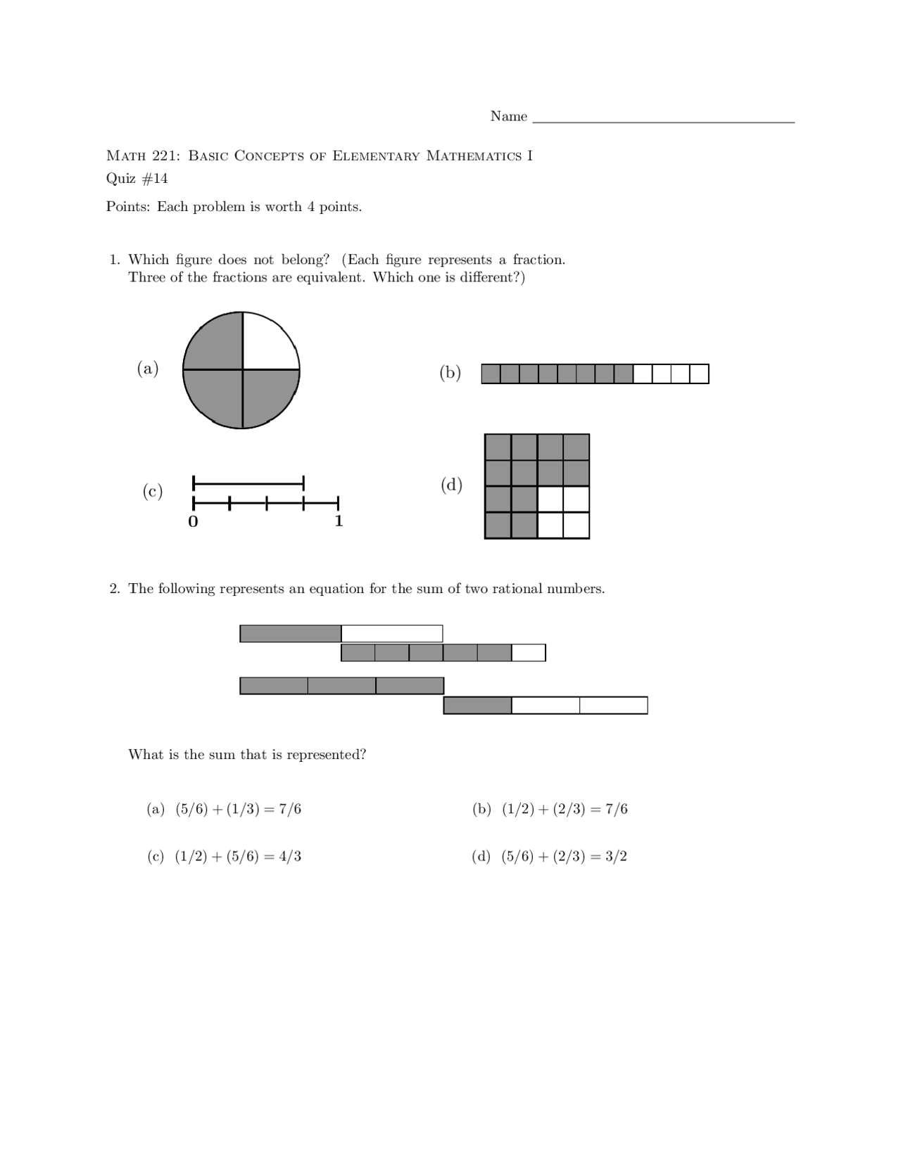 Quiz 14 - Basic Concepts of Elementary Mathematics I | MATH 221 - Docsity
