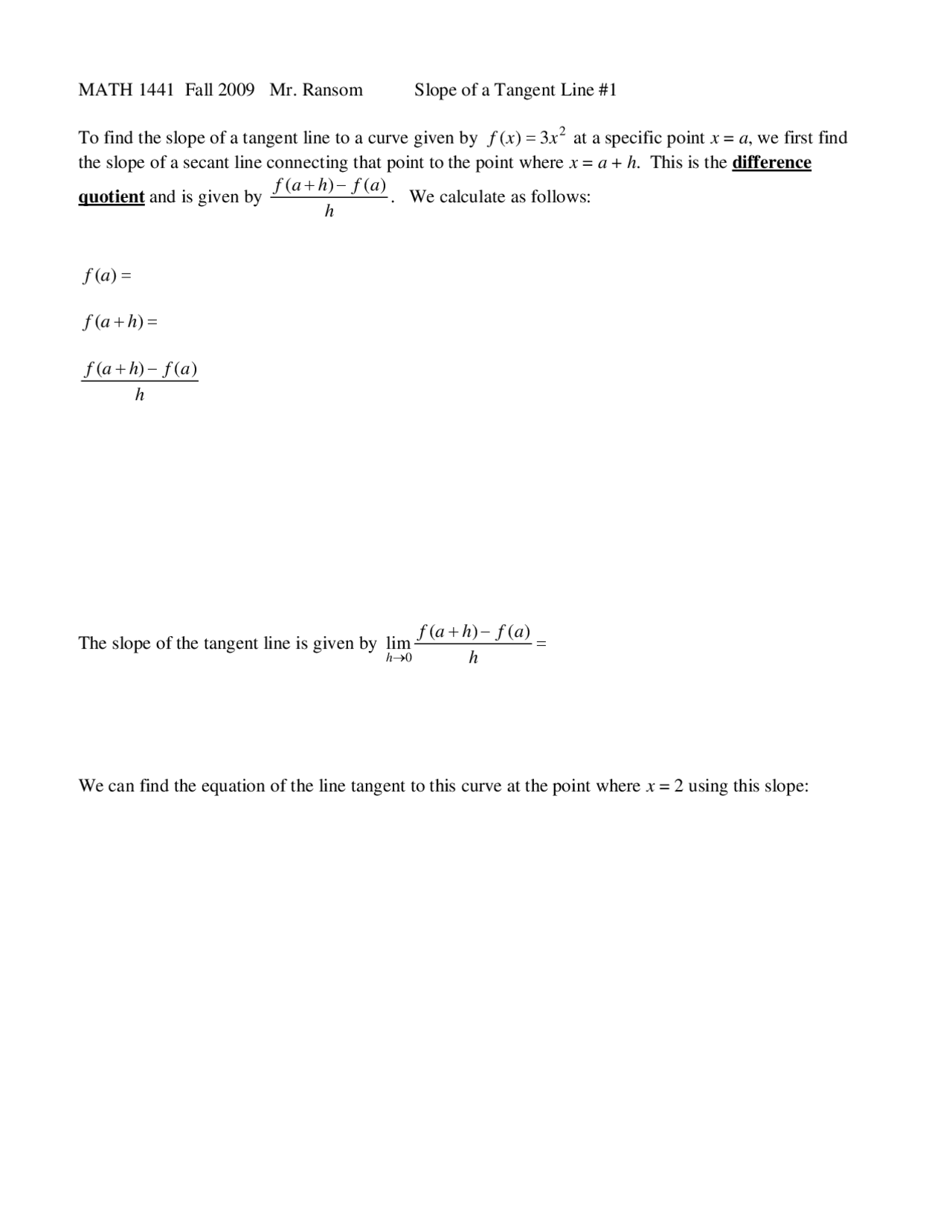 5 Questions on Basic Calculus 1 - Assignment | MATH 1441 - Docsity