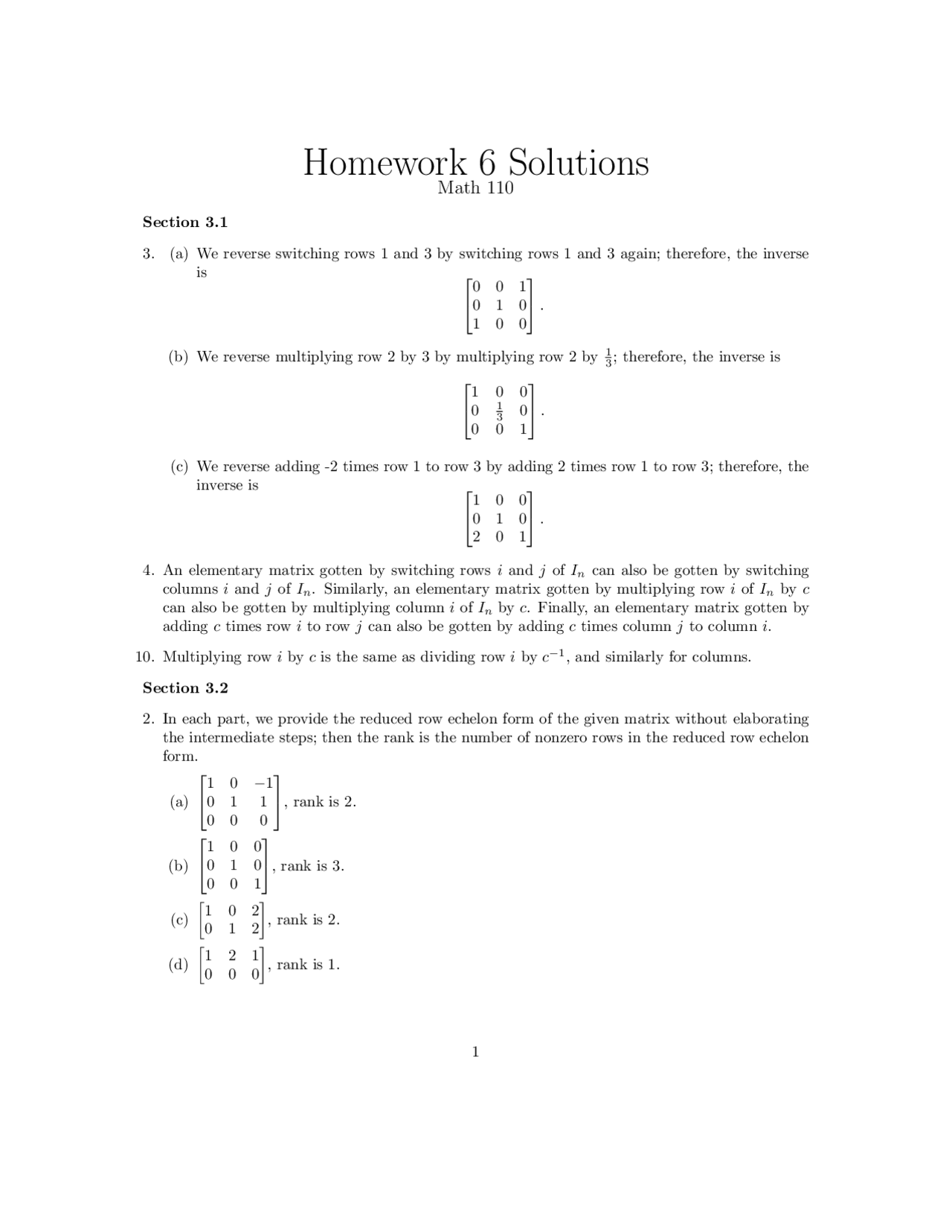 Linear Algebra - Homework 6 Solutions | MATH 110 - Docsity