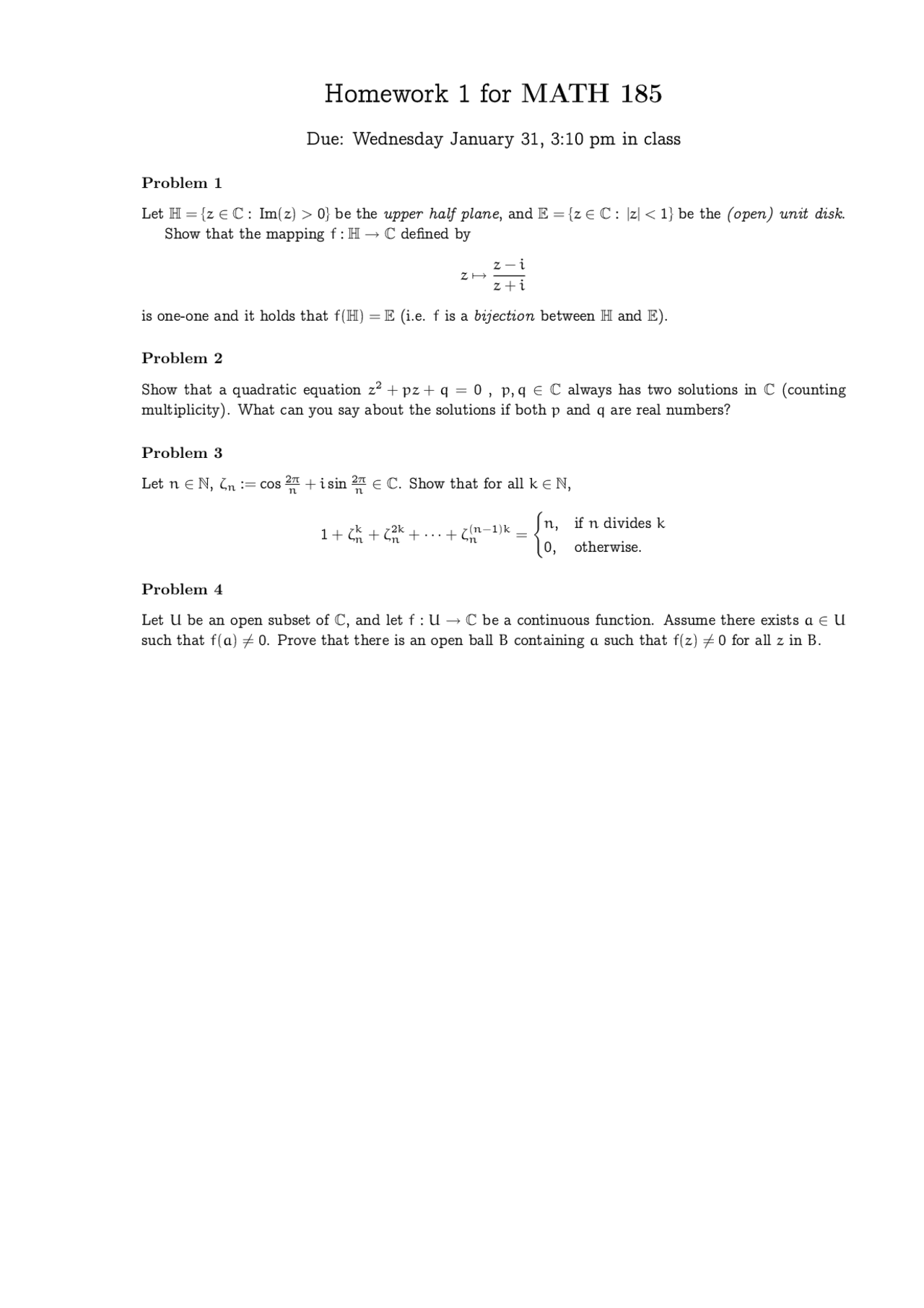 Introduction to Complex Analysis - Homework 1 Problems | MATH 185 - Docsity