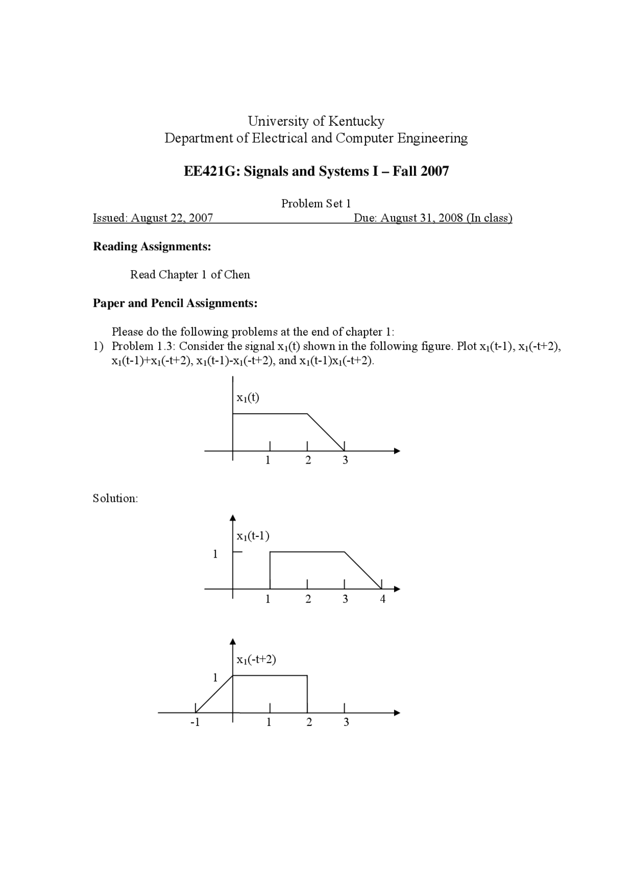 Problem Set 1 for Signals and Systems I | EE 421G - Docsity