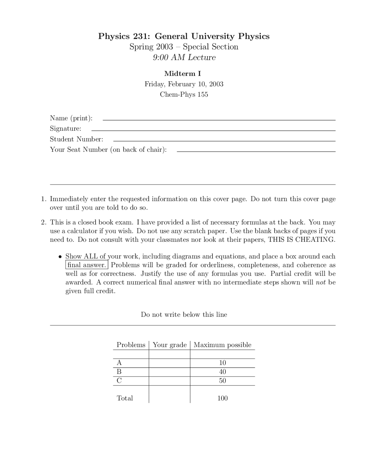 Mid Term 1 for General University Physics | PHY 231 | Exams Physics ...