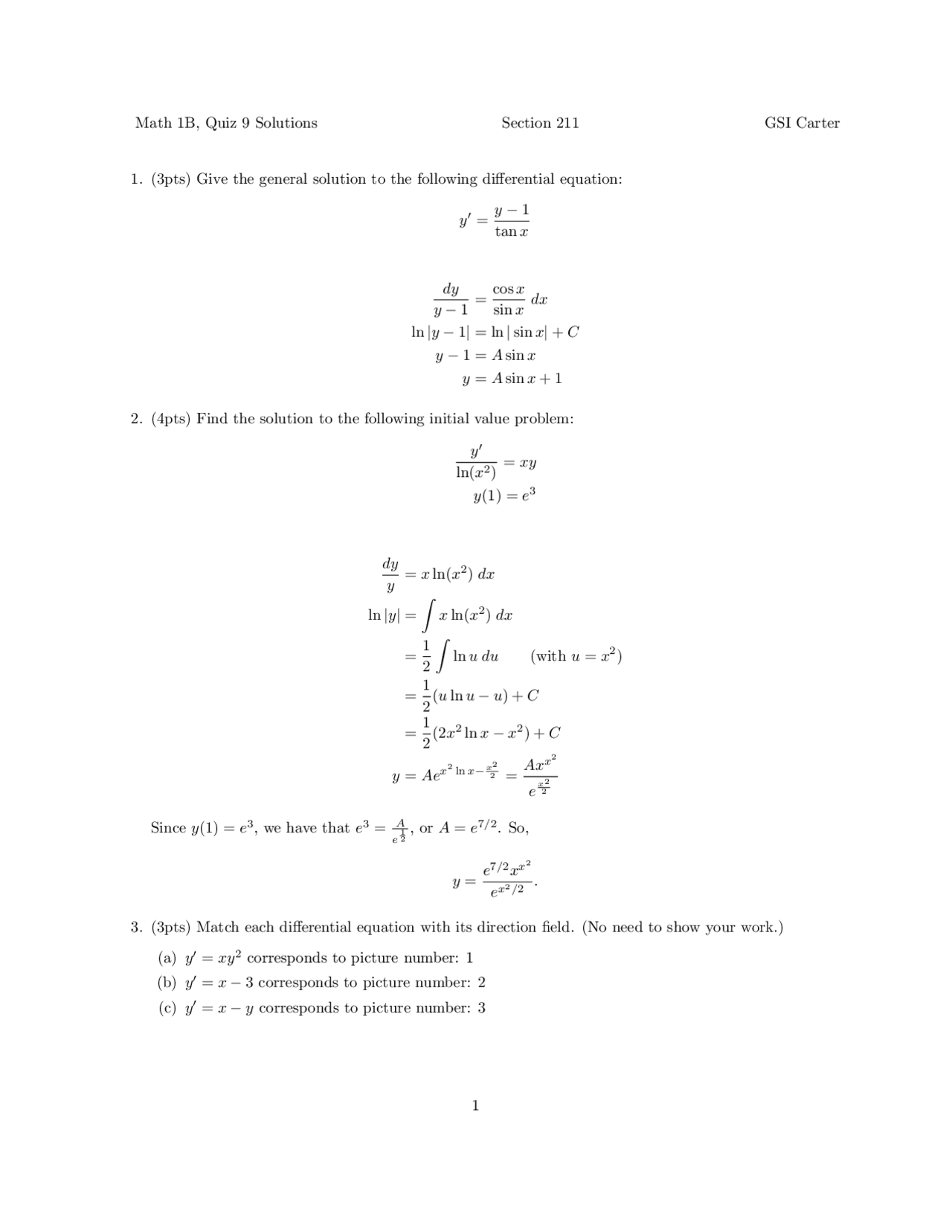 Practice Quiz 9 Solutions - 3 Problems on Calculus | MATH 1B - Docsity