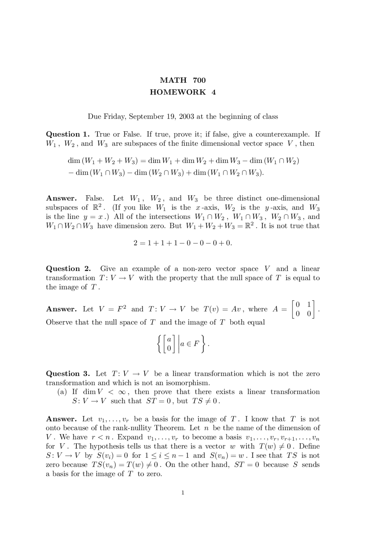 Linear Algebra - Homework 4 Questions and Answers | MATH 700 - Docsity