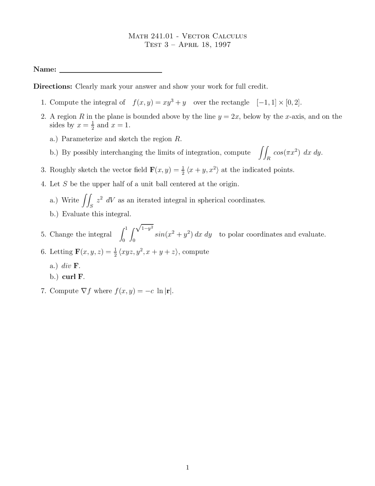 7 Questions of Vector Calculus - Exam 3 | MATH 241 - Docsity