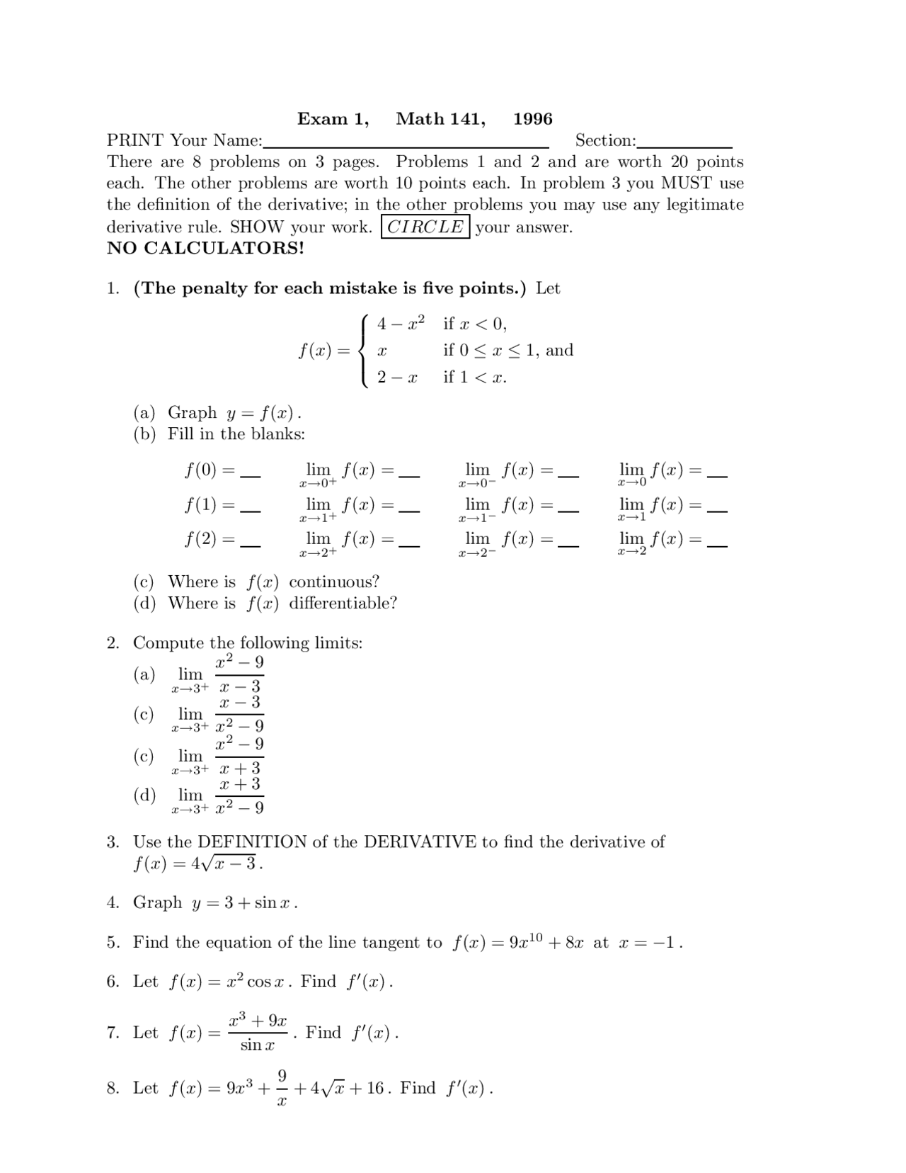 Calculus I - Exam 1 Practice Questions | MATH 141 - Docsity