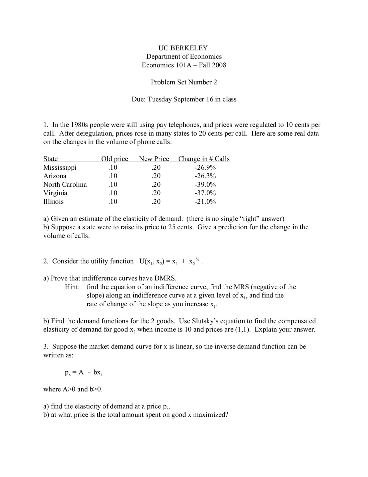 Practice Problem Set 2 - Microeconomic Theory | ECON 101A - Docsity