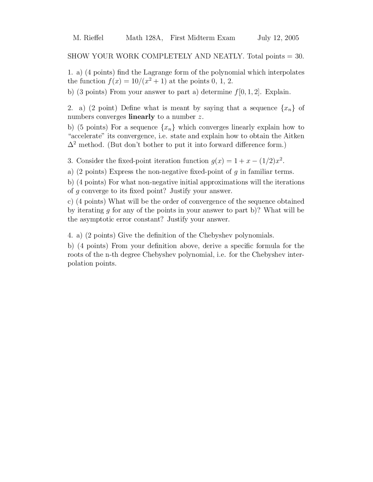 4 Questions for Midterm Exam 1 - Numerical Analysis | MATH 128A - Docsity