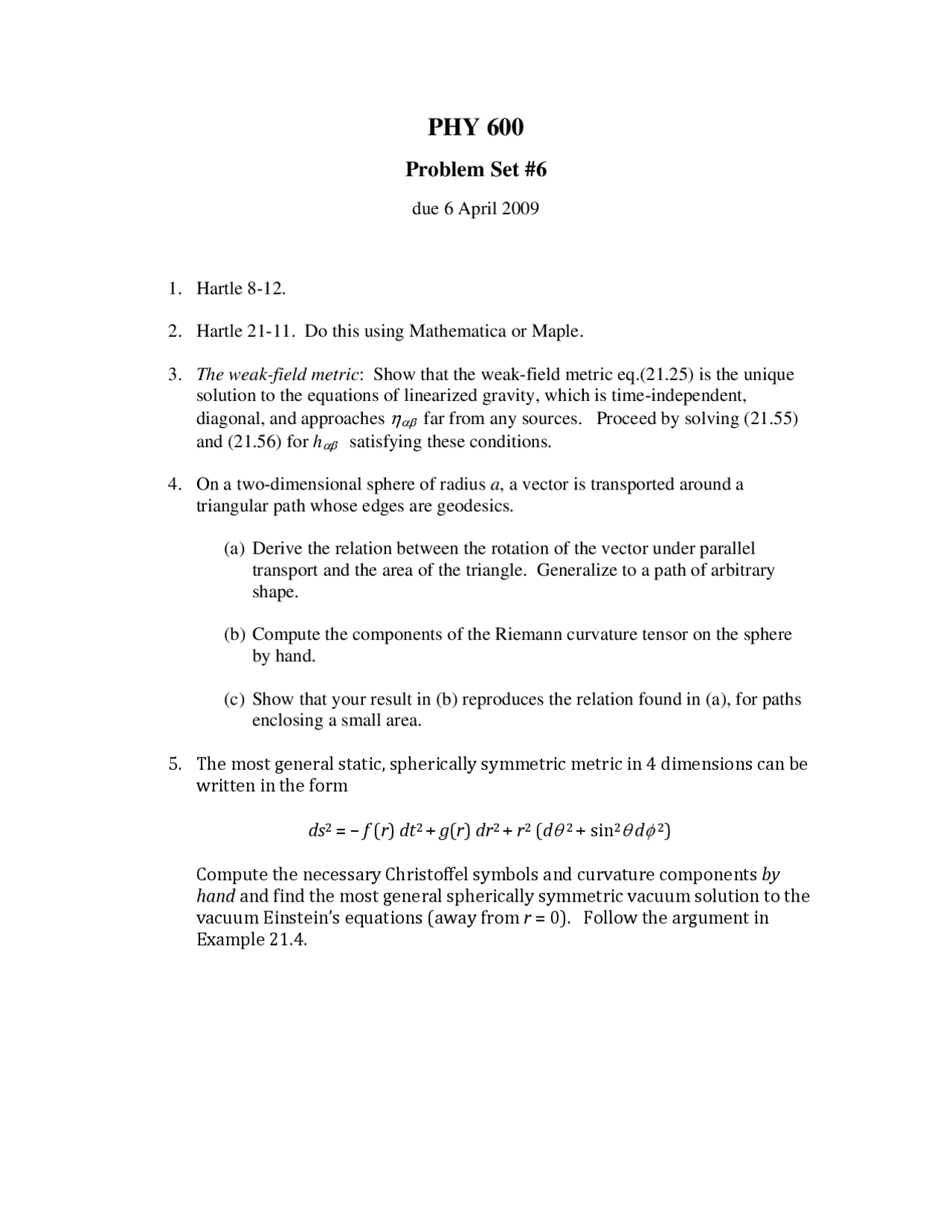Advanced Physics Problem Example 5 Problems on the Advanced Physics - Assignment 6 | PHY 600 - Docsity