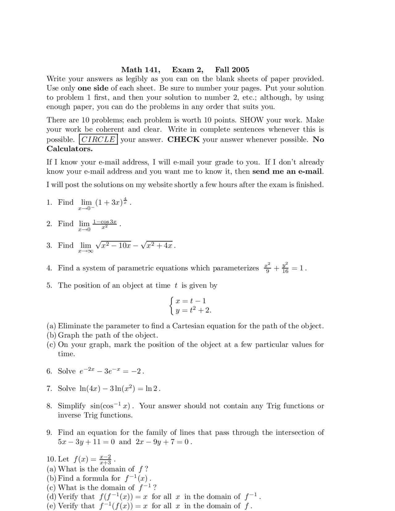 Exam 2 Review Questions - Calculus I | MATH 141 - Docsity