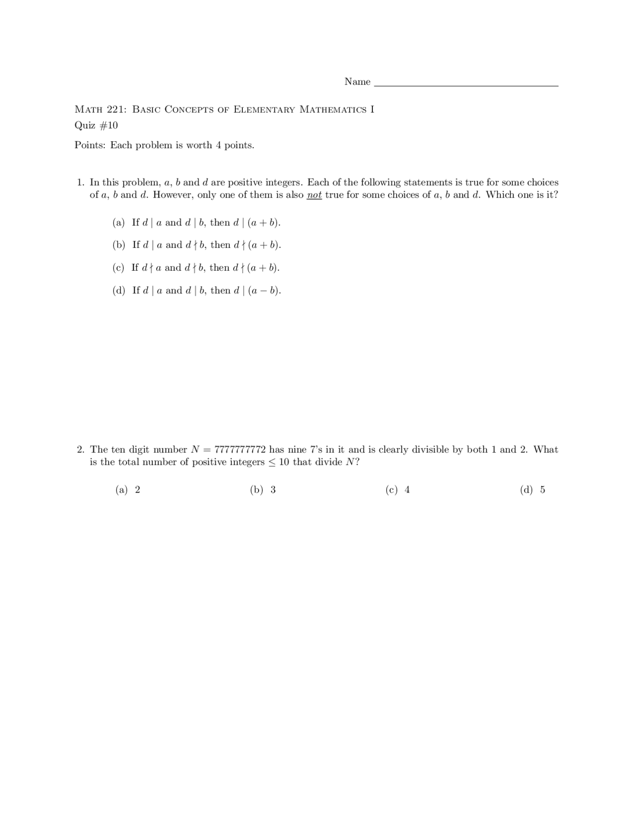 General Math Elementary Questions Basic Concepts of Elementary Mathematics I - Quiz 10 | MATH 221 - Docsity