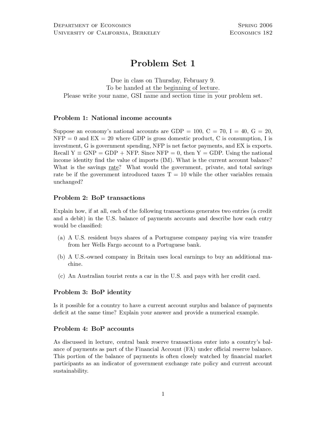 Problem Set 1 with 7 Problems - International Monetary Economics | ECON ...