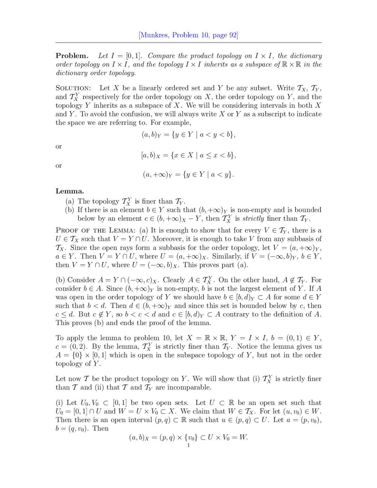 Solved Problems to Compare the Product Topology - Homework | MA 551 ...