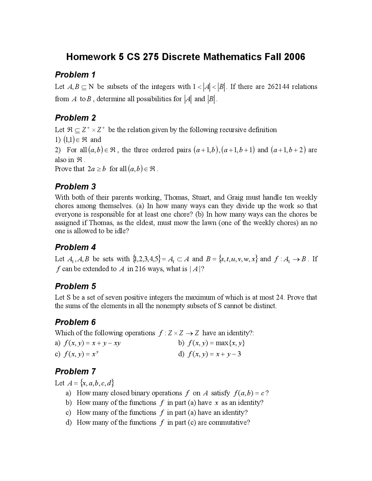 Homework 5 Questions - Discrete Mathematics - Fall 2006 | CS 275 - Docsity
