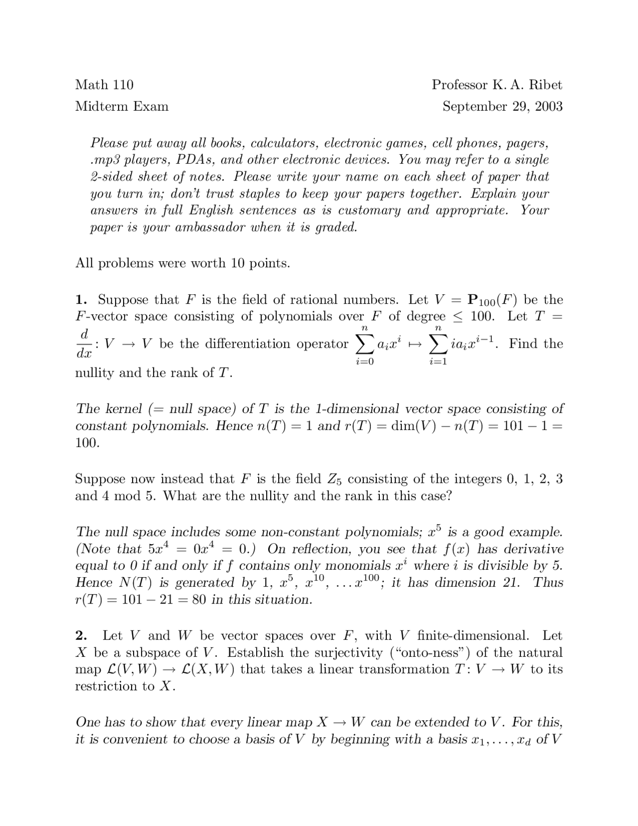 Midterm with 3 Problems - Linear Algebra | MATH 110 - Docsity