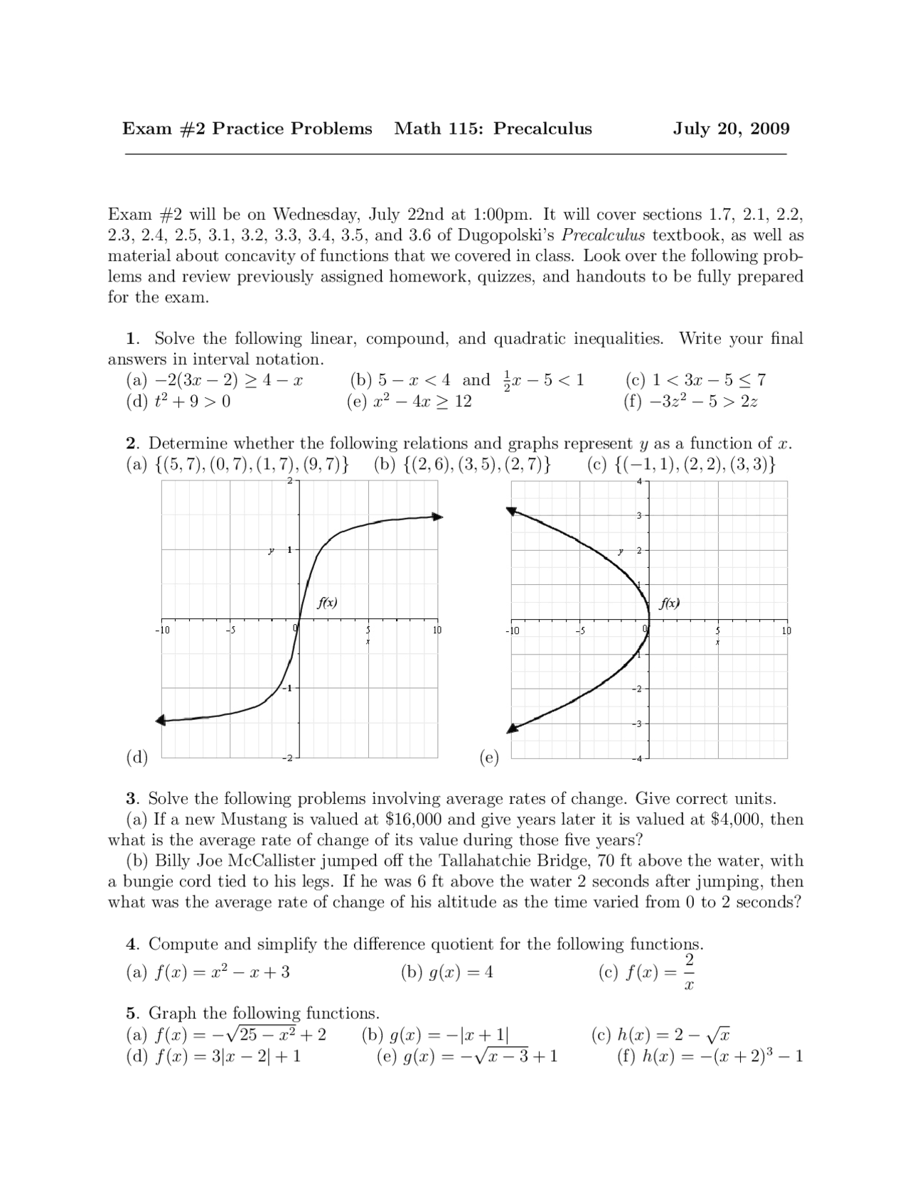 Exam 2 Practice Problems - Pre Calculus Mathematics | MATH 115 - Docsity