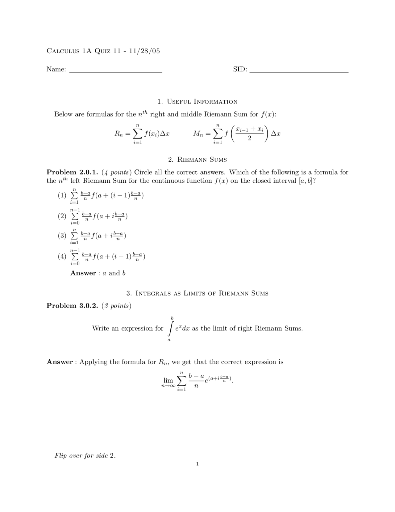 4 Solved Problems Quiz 11 - Calculus | MATH 1A - Docsity