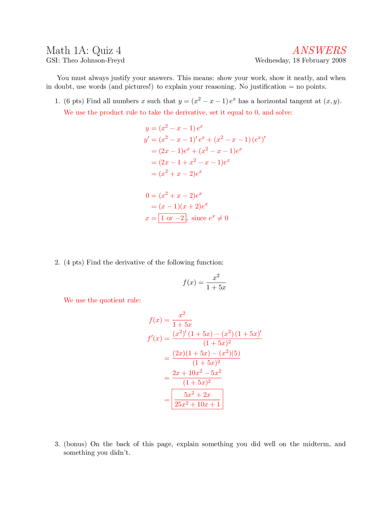 Quiz IV with Answers - Calculus - Fall 2008 | MATH 1A - Docsity
