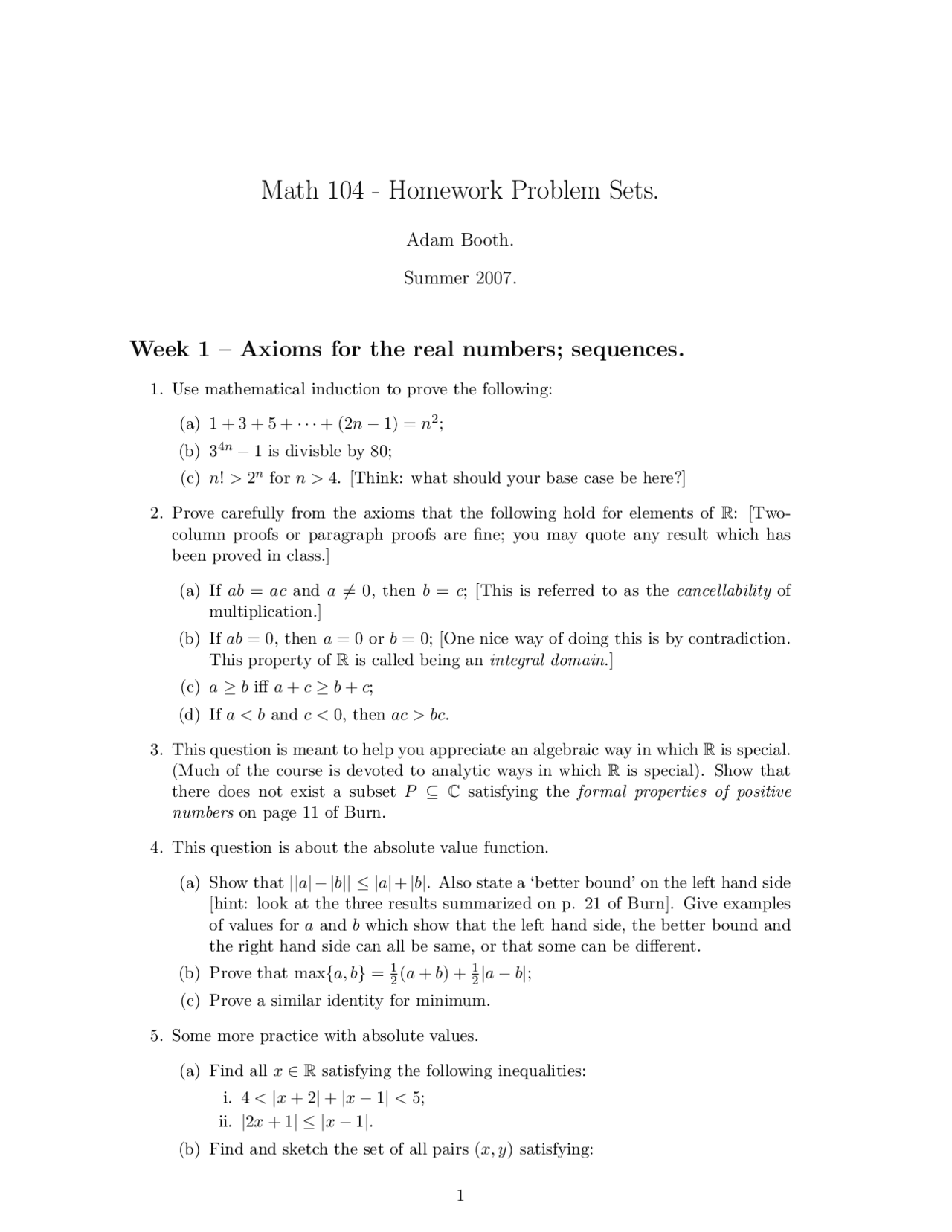 Introduction to Analysis - Homework Problem Sets | MATH 104 - Docsity