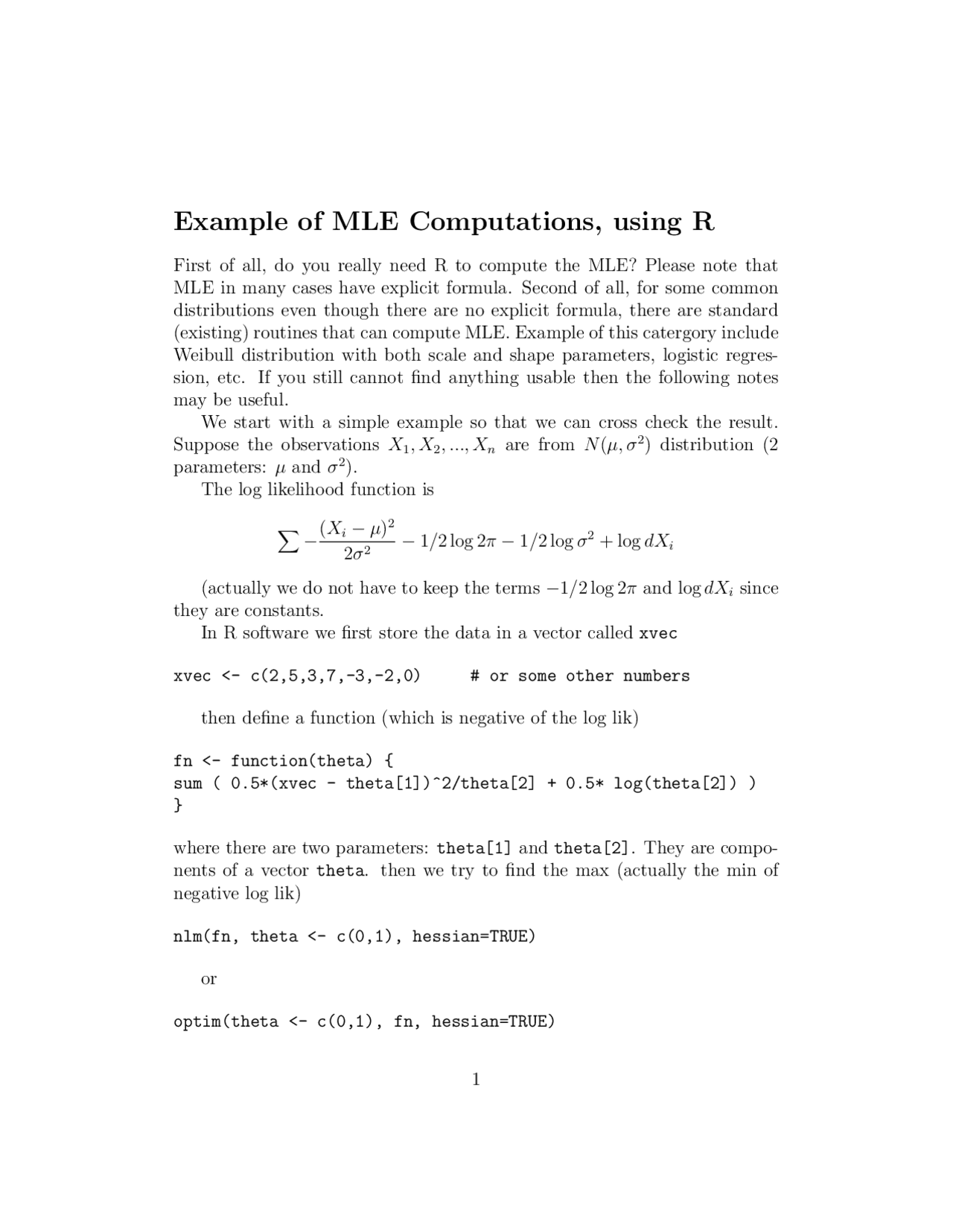 Example of MLE Computations Using R - Lecture Notes | STA 321 - Docsity