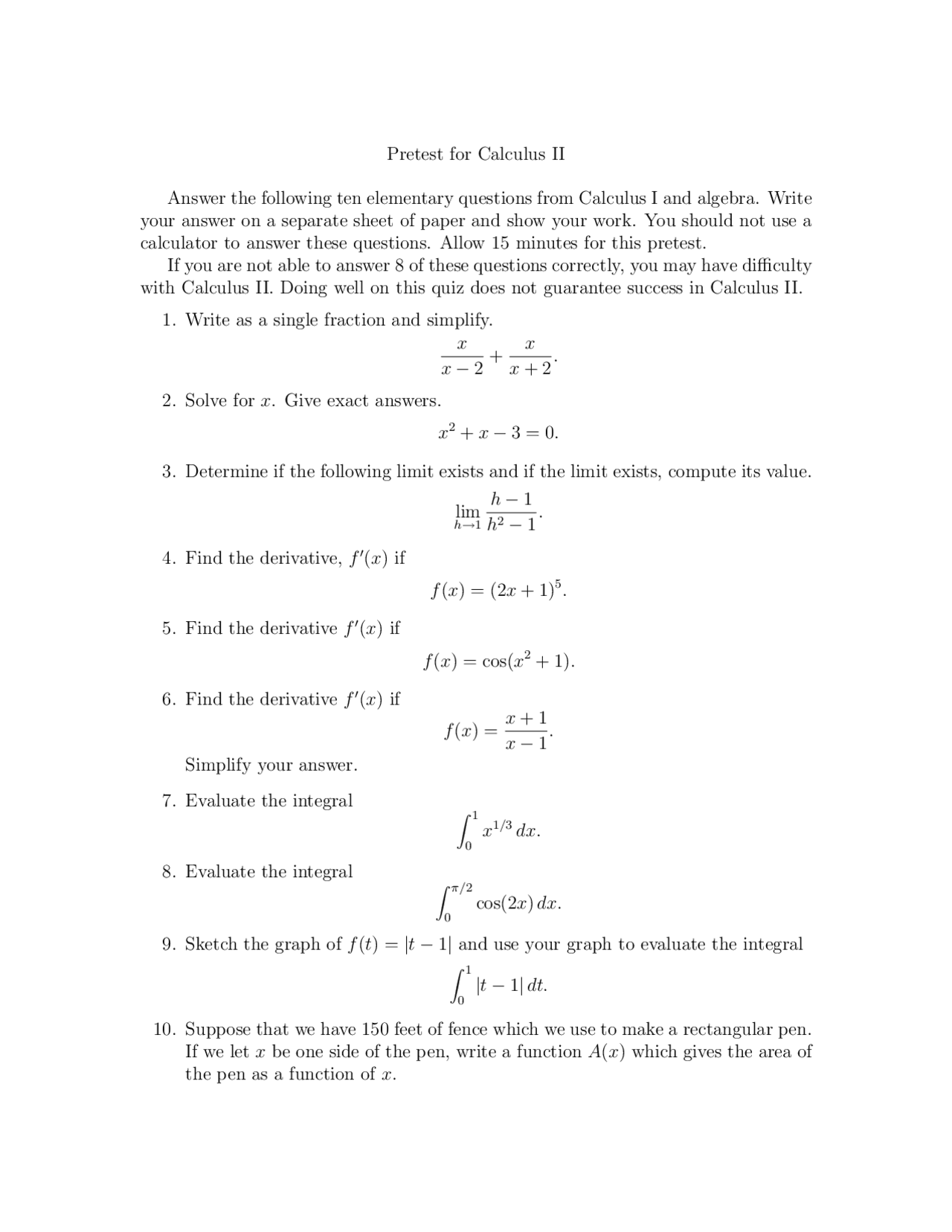 10 Questions for Pretest - Calculus II | MA 114 - Docsity
