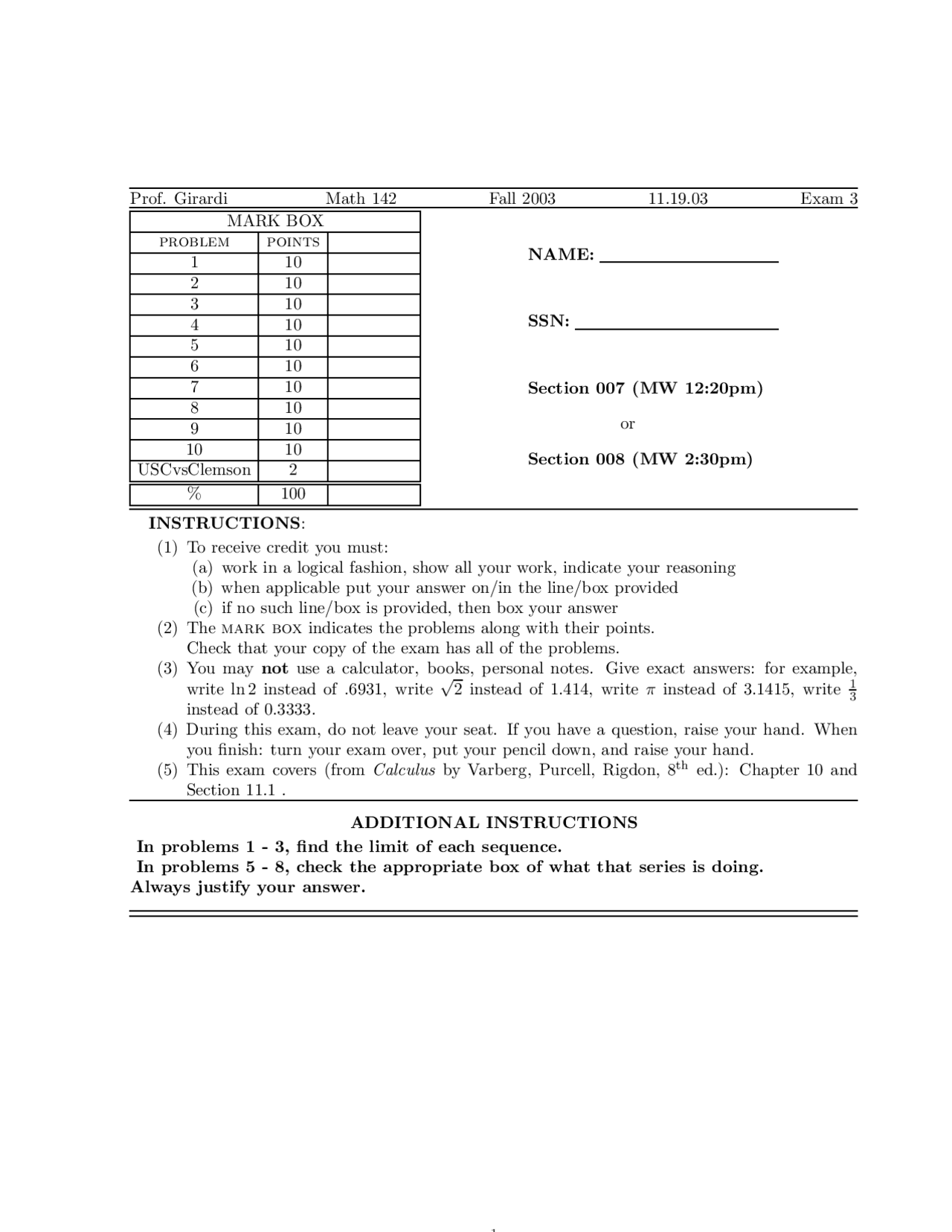 Exam III with 10 Questions for Calculus II | MATH 142 - Docsity