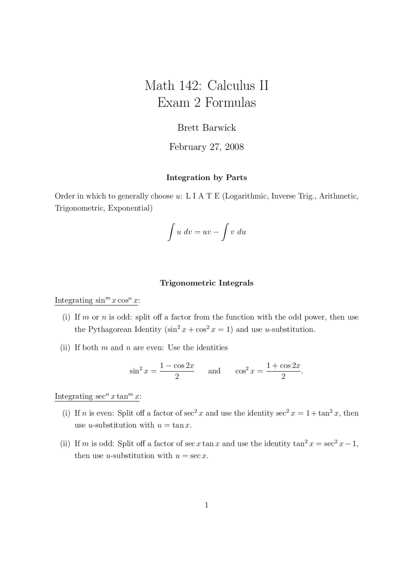 Calculus I - Exam 2 Formulas - Fall 2008 | MATH 142 - Docsity
