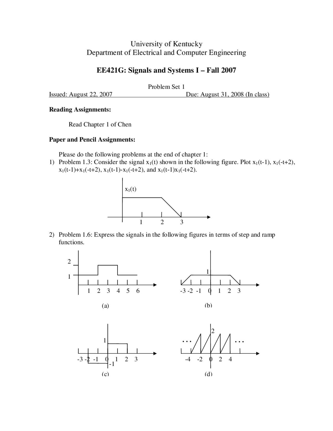 Assignment 1 for Signals and Systems | EE 421G - Docsity