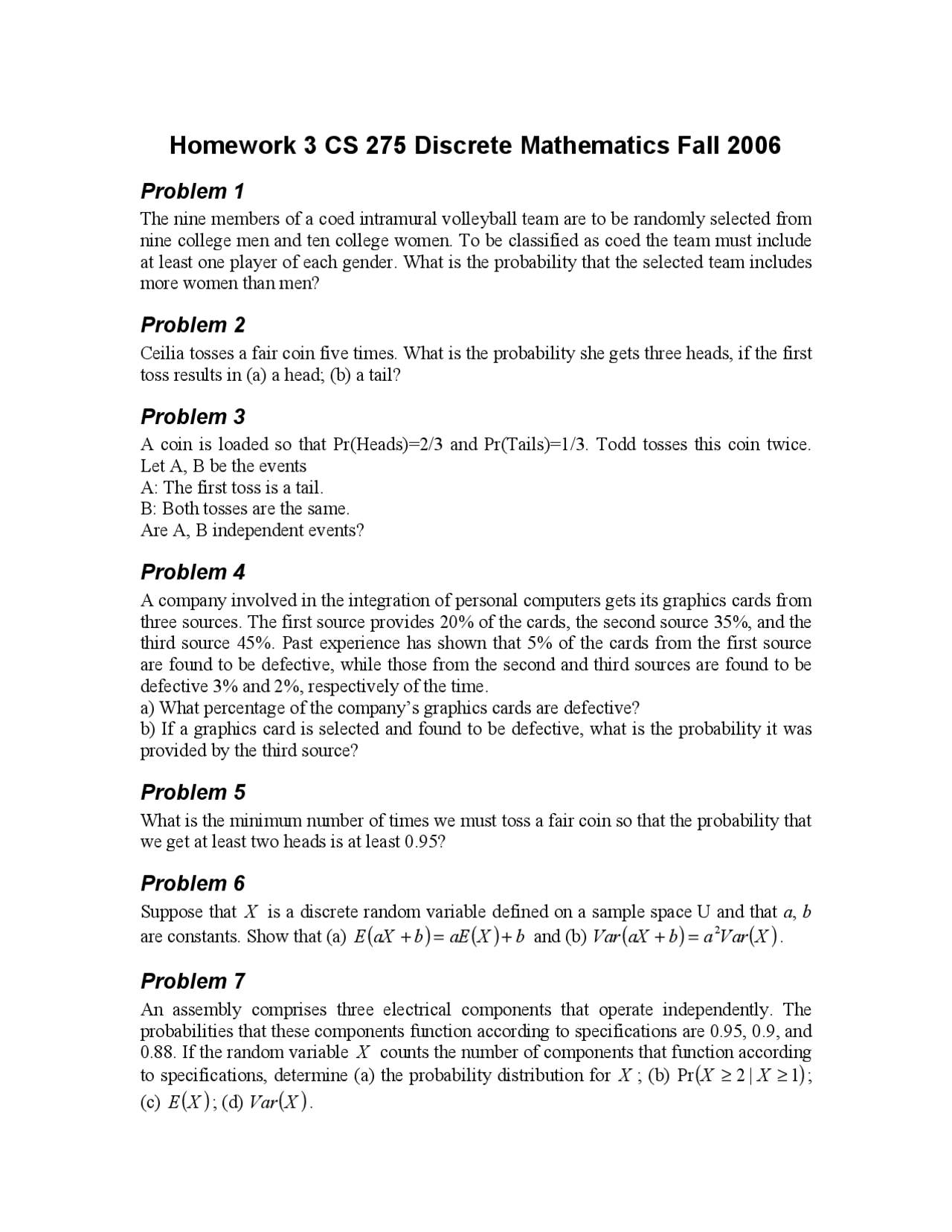 Math/cs Questions Examples Homework III Problems - Discrete Mathematics | CS 275 - Docsity