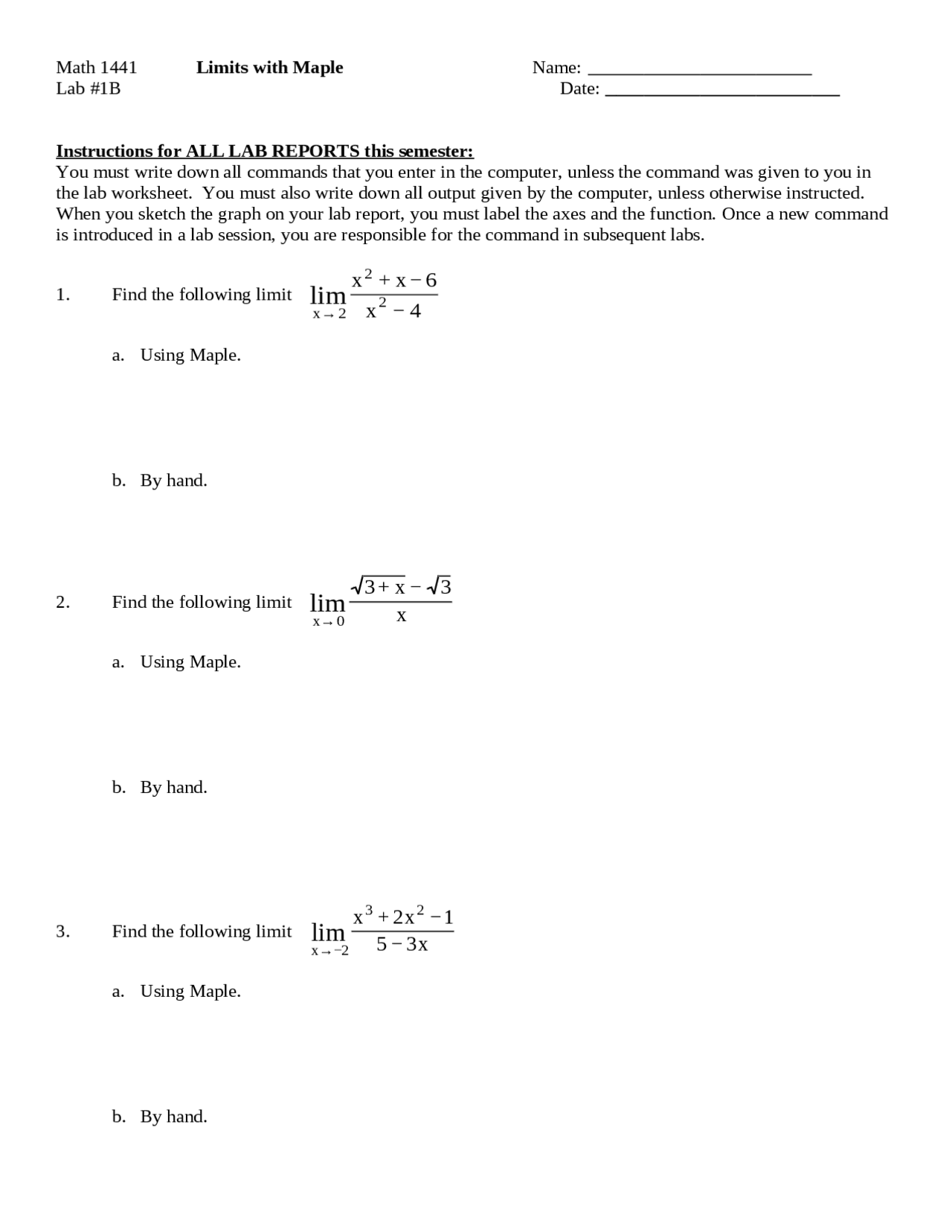 Laboratory 1B - Limits with Maple | MATH 1441 - Docsity