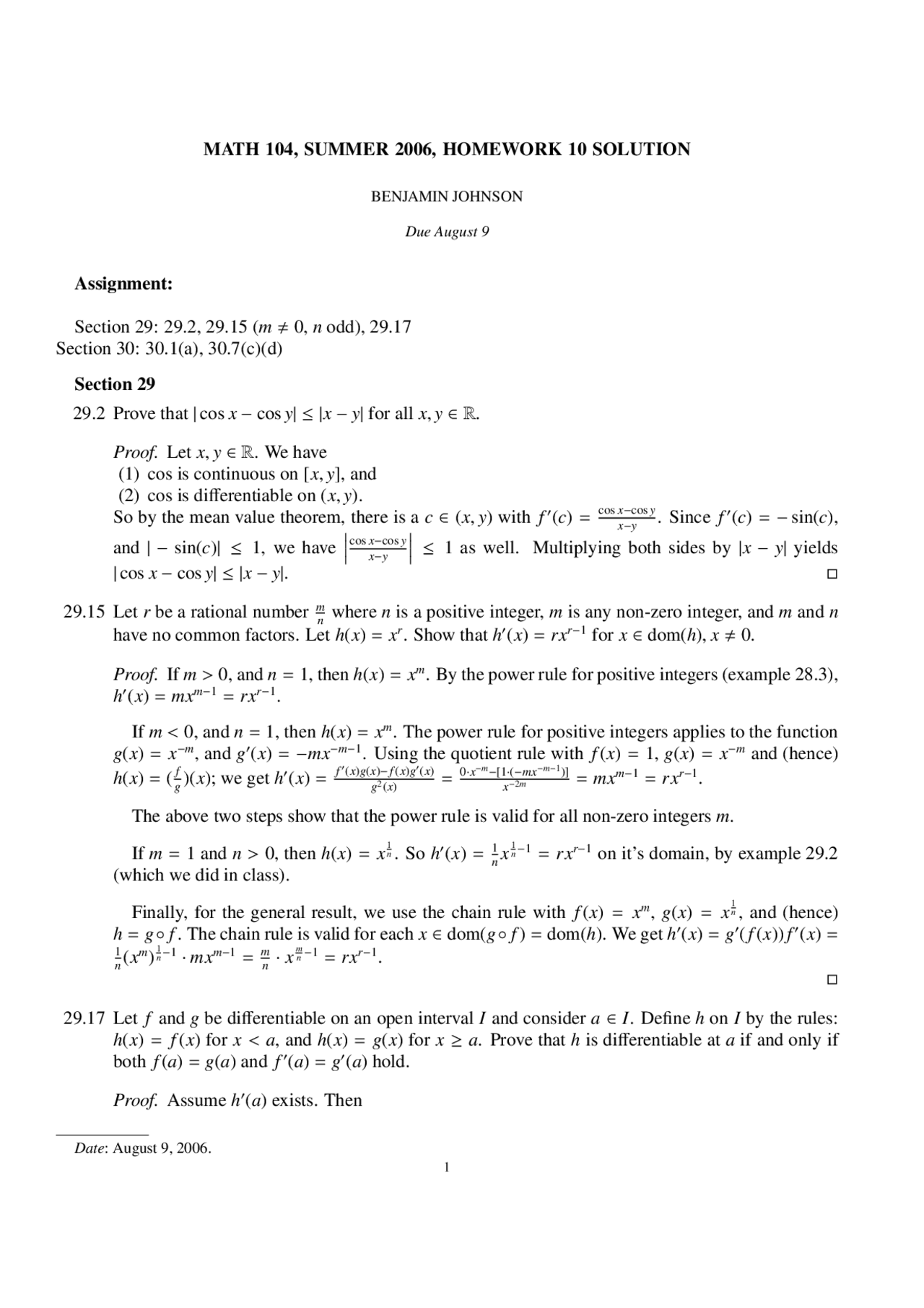 Homework 10 Solutions - Introduction to Analysis | MATH 104 - Docsity