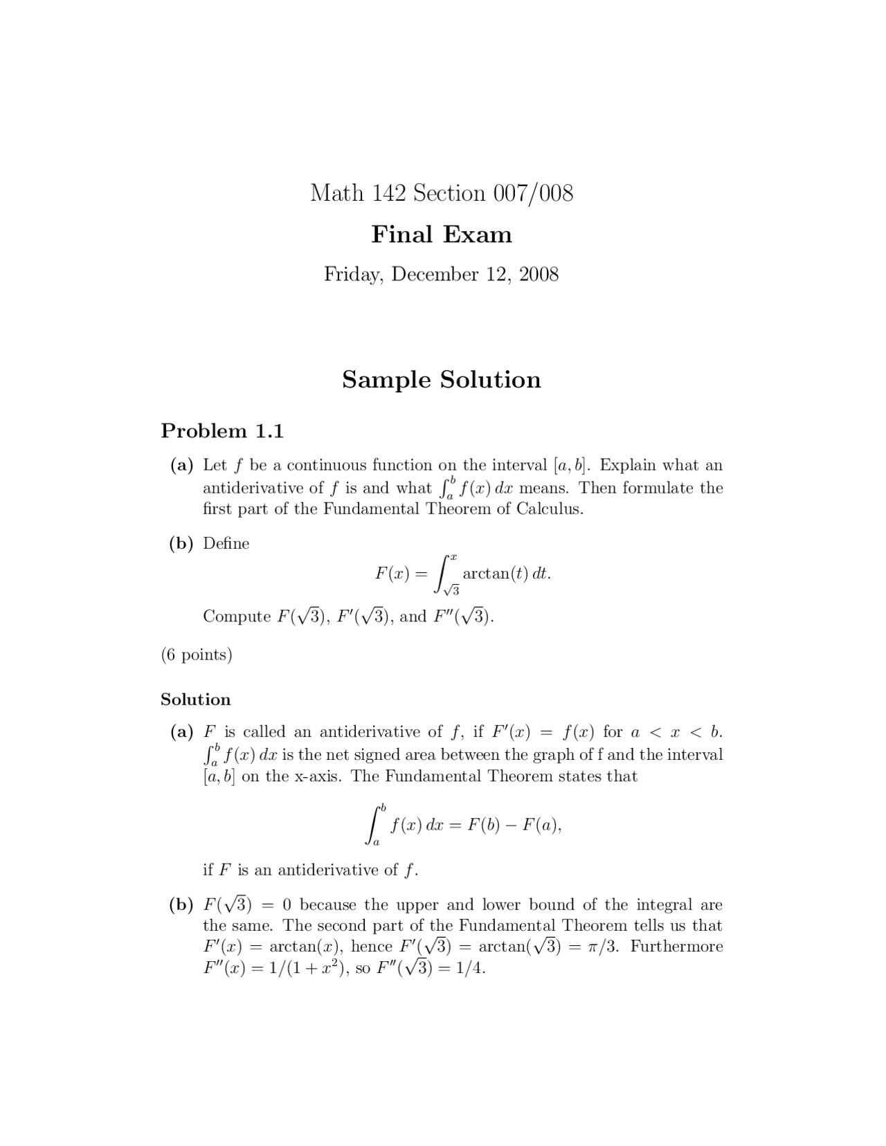 Solved Problems to Evaluate the Integrals - Exam | MATH 142 - Docsity