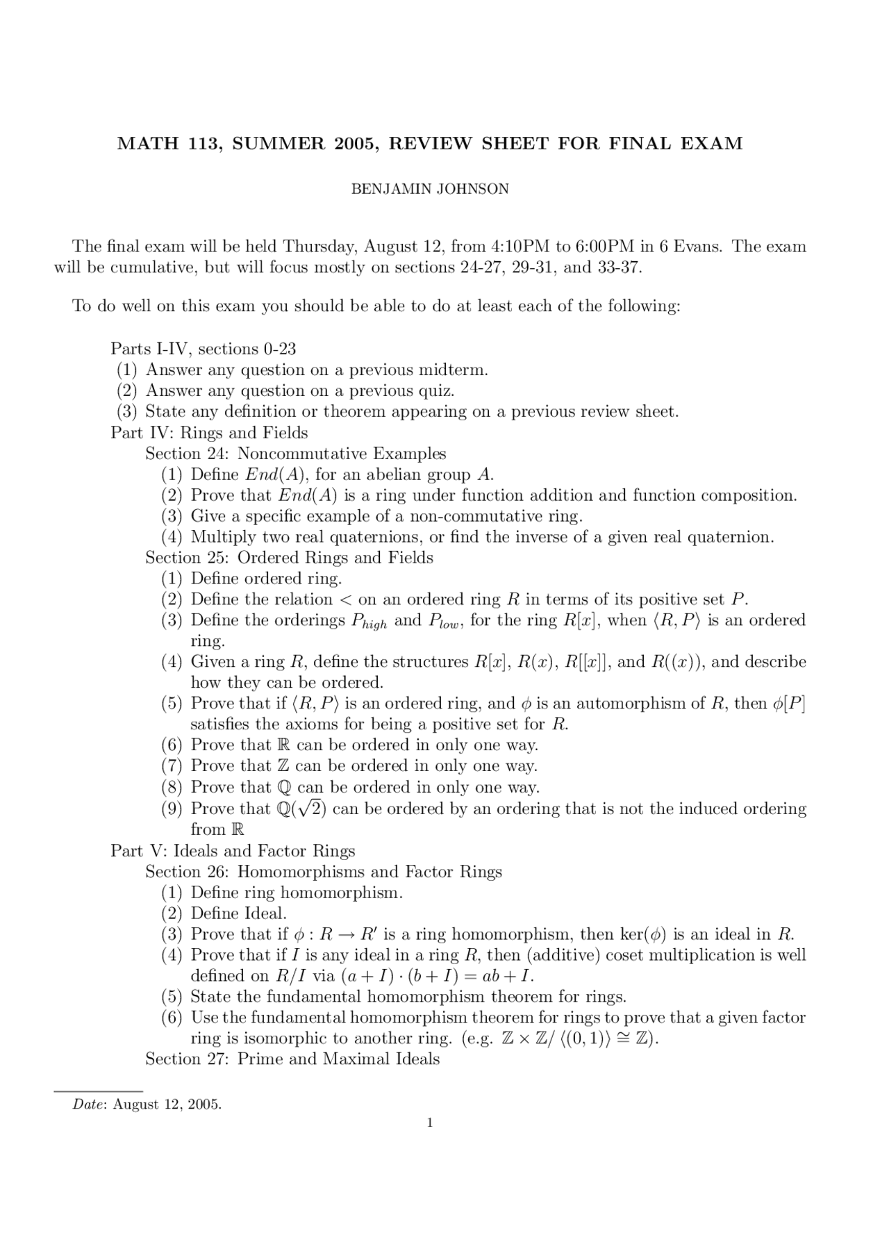 Math Abstract Example Exam Review Sheet Final Exam for Introduction to Abstract Algebra | MATH 113 ...