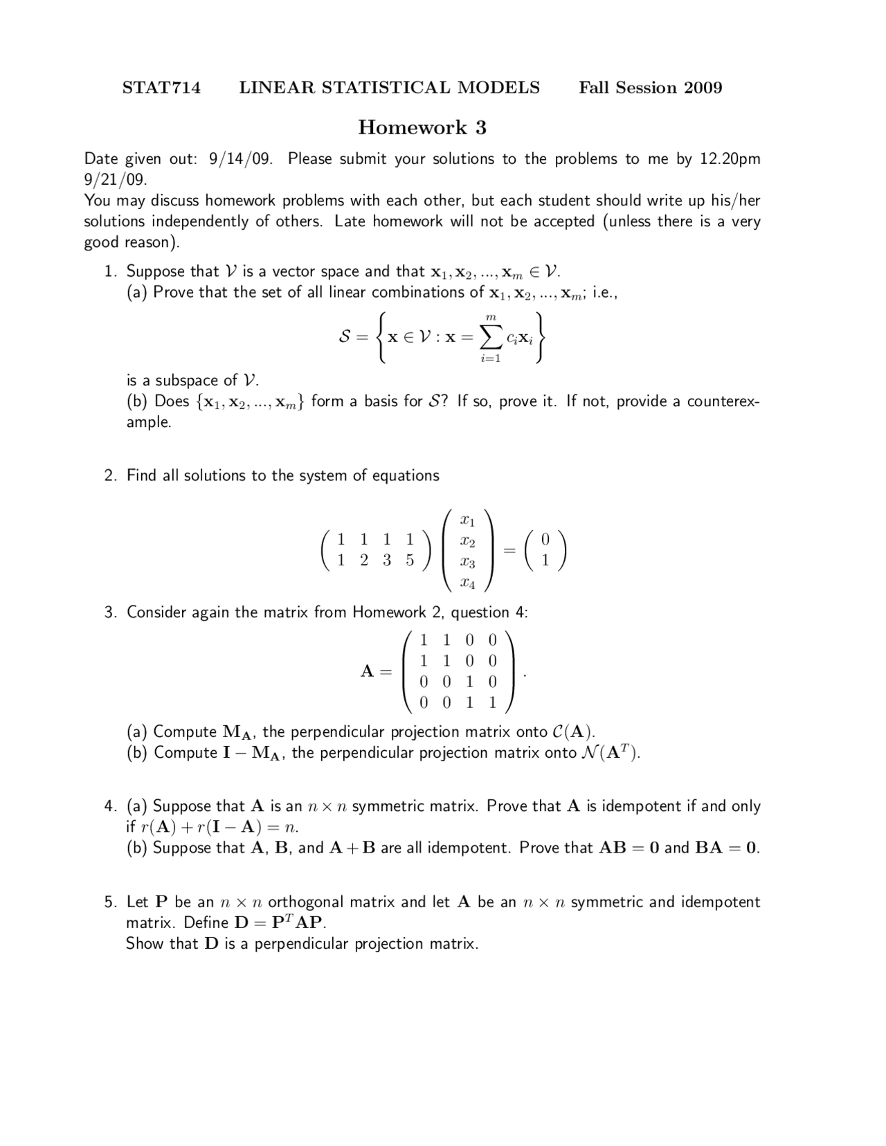 5 Problems on Linear Statistical Models - Assignment 3 | STAT 714 - Docsity
