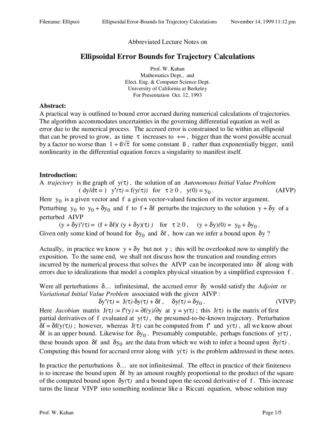 Lecture Notes on Ellipsoidal Error Bounds for Trajectory Calculations ...