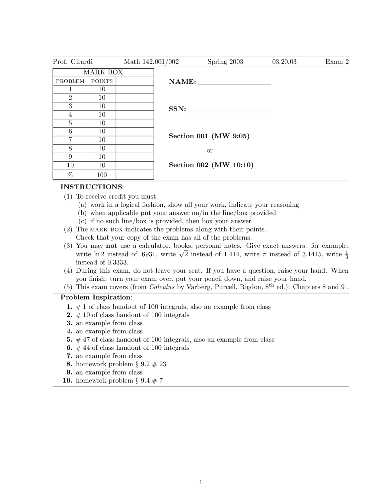 Calculus II - Sample Exam II - Spring 2003 | MATH 142 - Docsity