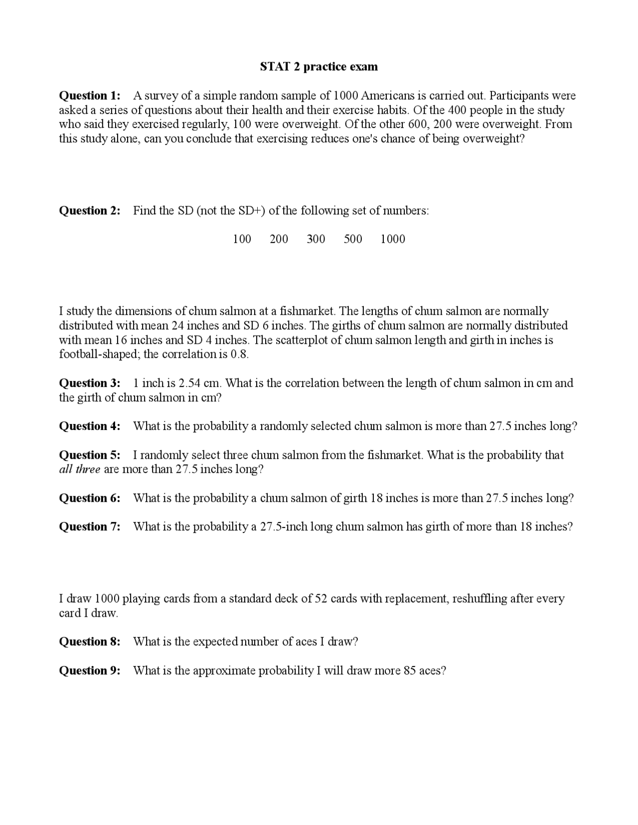Practice Questions for Final Exam - Introduction to Statistics | STAT 2 ...