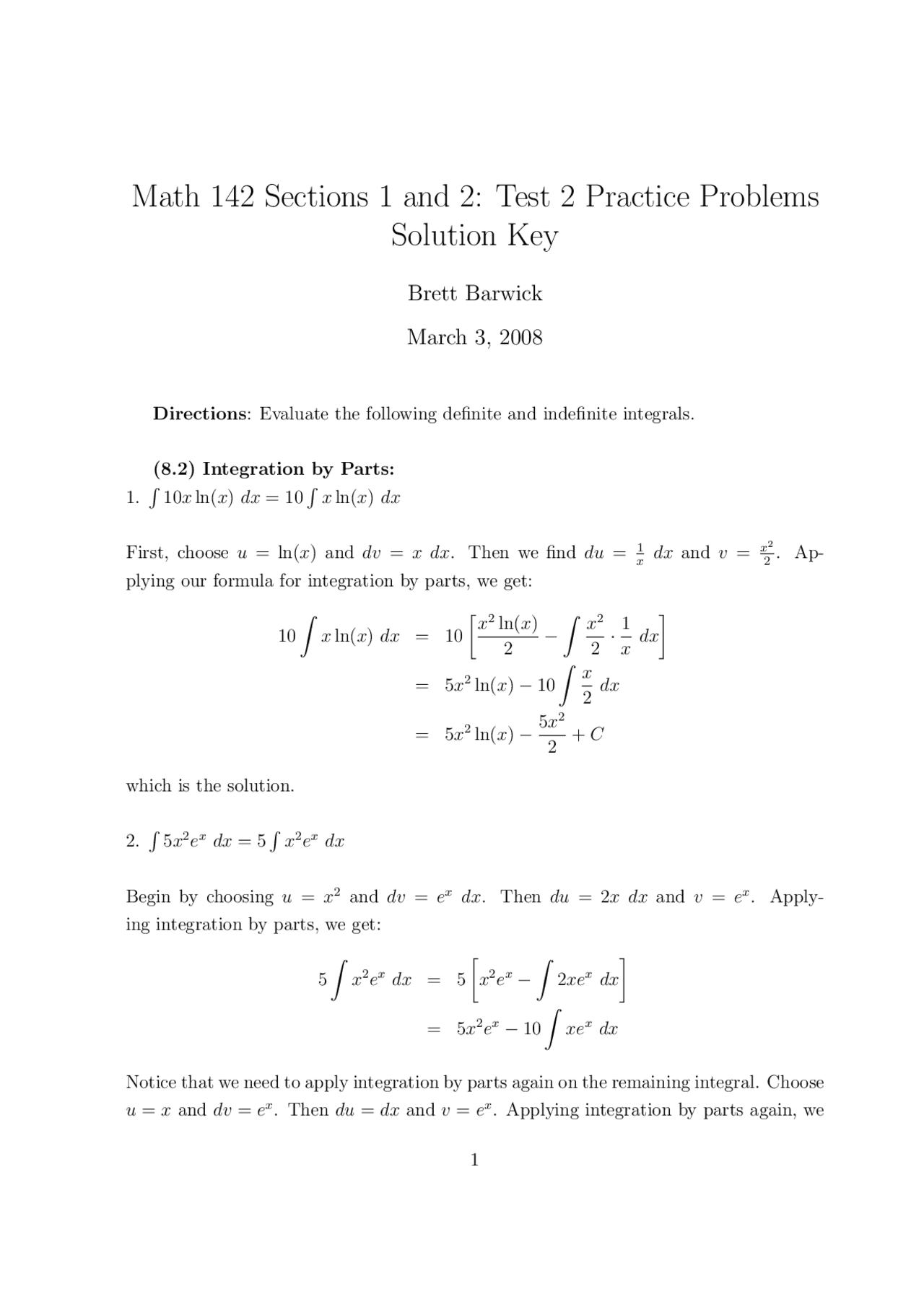 Solutions Key for Test 2 Practice Problems - Calculus II | MATH 142 ...