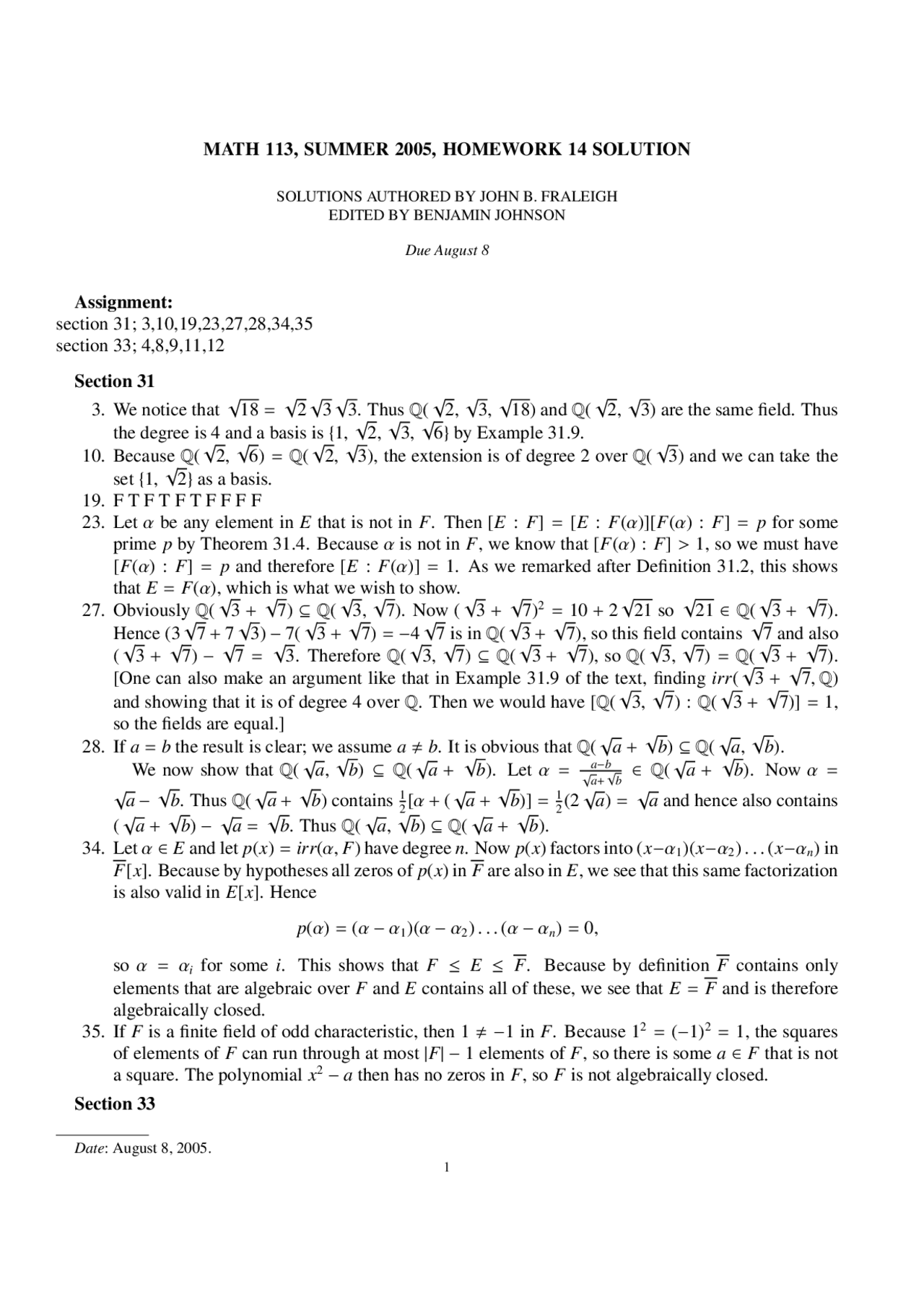 Homework 14 Solutions for Introduction to Abstract Algebra | MATH 113 ...