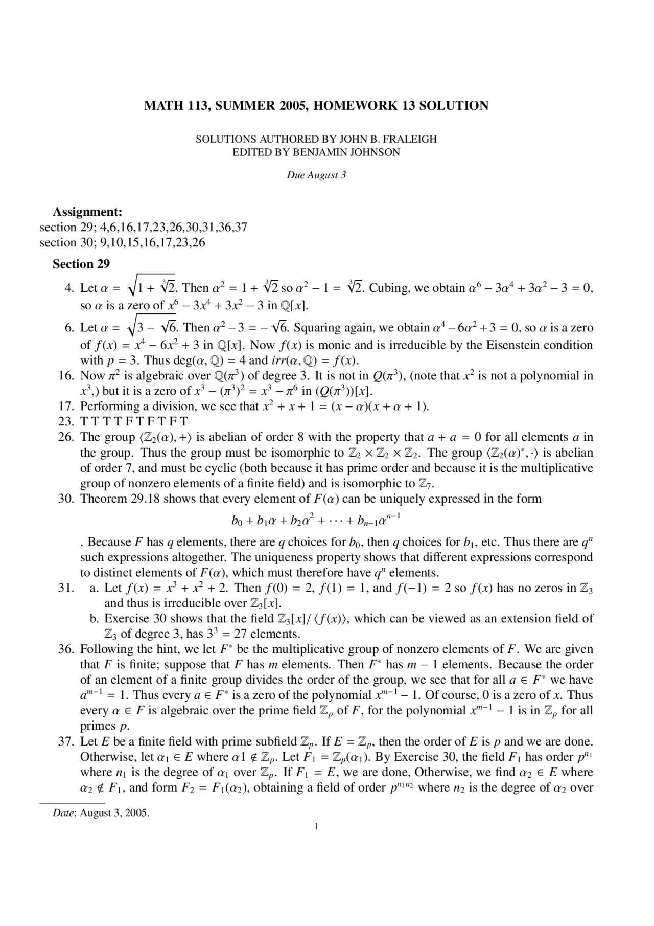 Homework 13 Solutions for Introduction to Abstract Algebra | MATH 113 ...