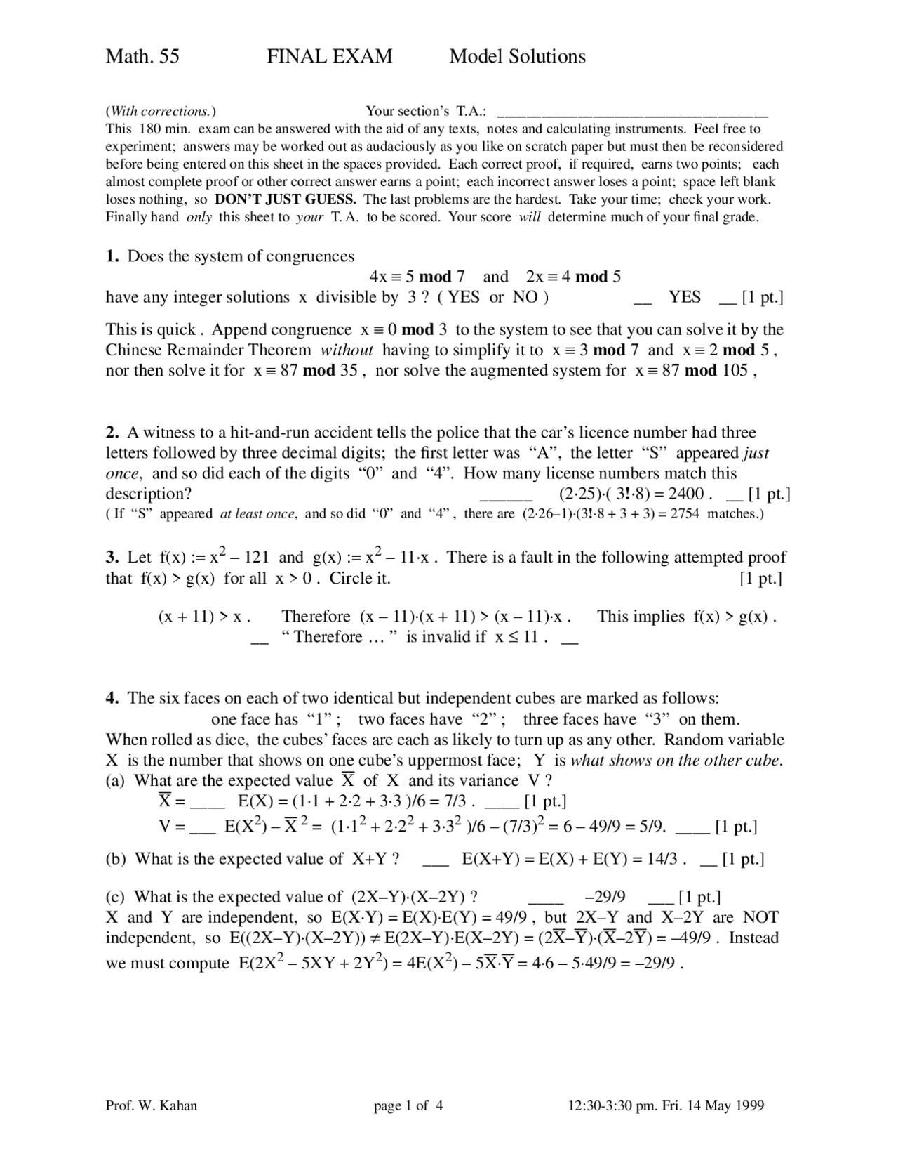 Math 55 Review Problem Model Solutions Final Exam - Discrete Mathematics | MATH 055 - Docsity
