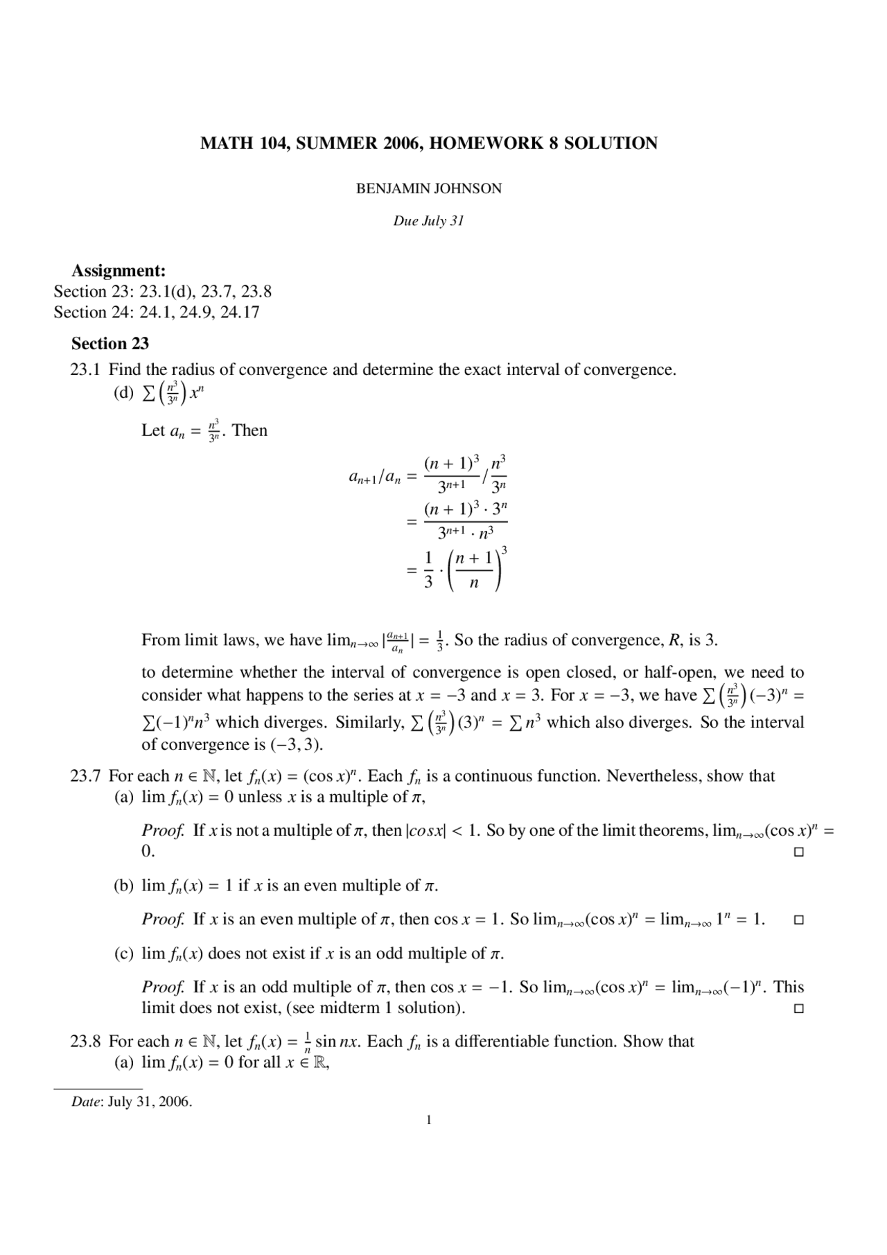 Homework 8 Solutions for Introduction to Analysis | MATH 104 - Docsity