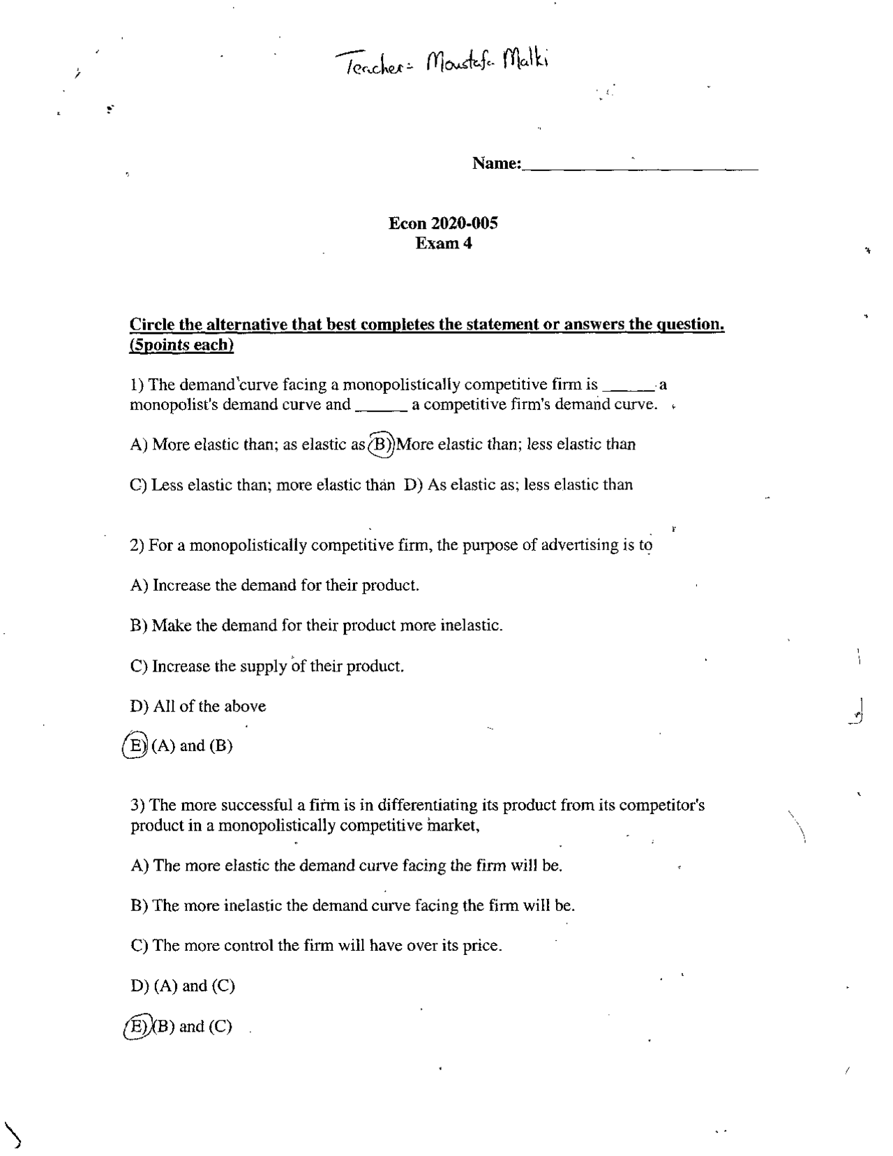 Test IV Solutions - Principles of Microeconomics | ECON 2020 - Docsity