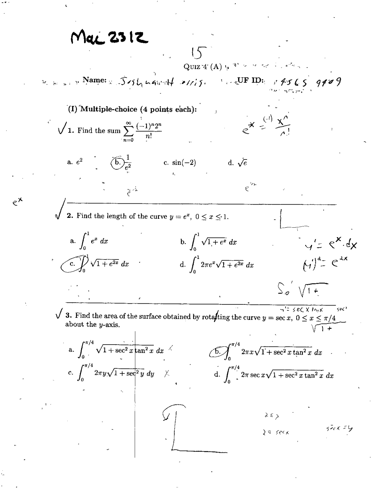 Quiz 4 - A | Analytics, Geometry and calculation 2 | MAC 2312 - Docsity