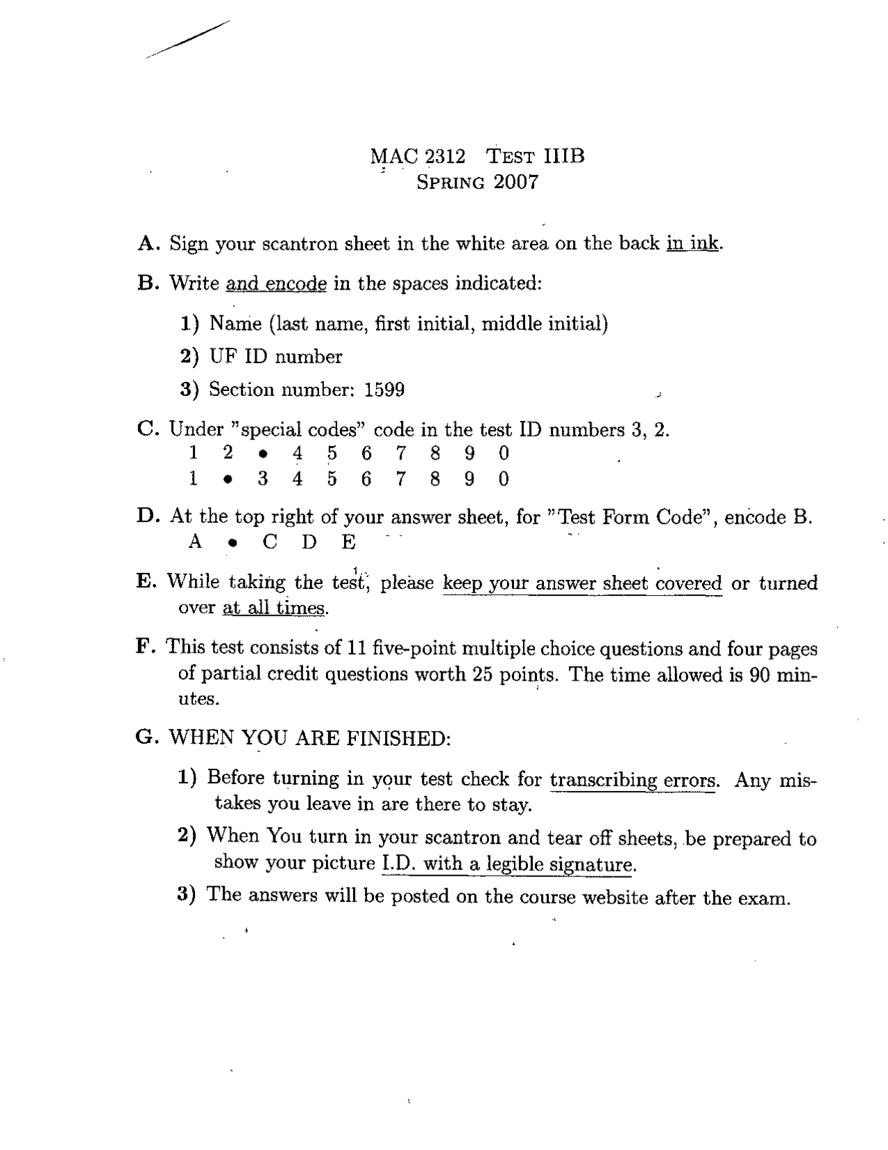 Exam 3 with Answer Key - Analytical Geometry and Calculus I | MAC 2312 ...