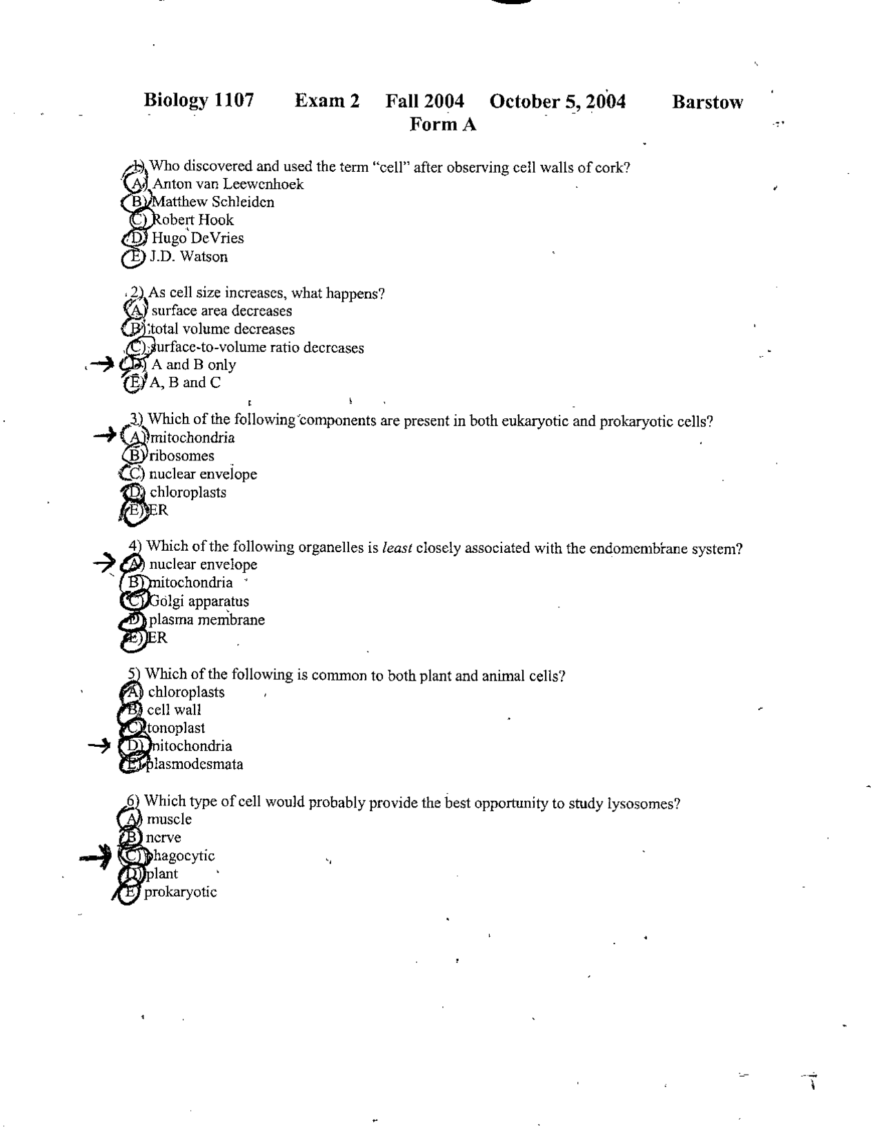 Exam 2 with Answers - Principles of Biology I - Fall 2004 | BIOL 1107 ...